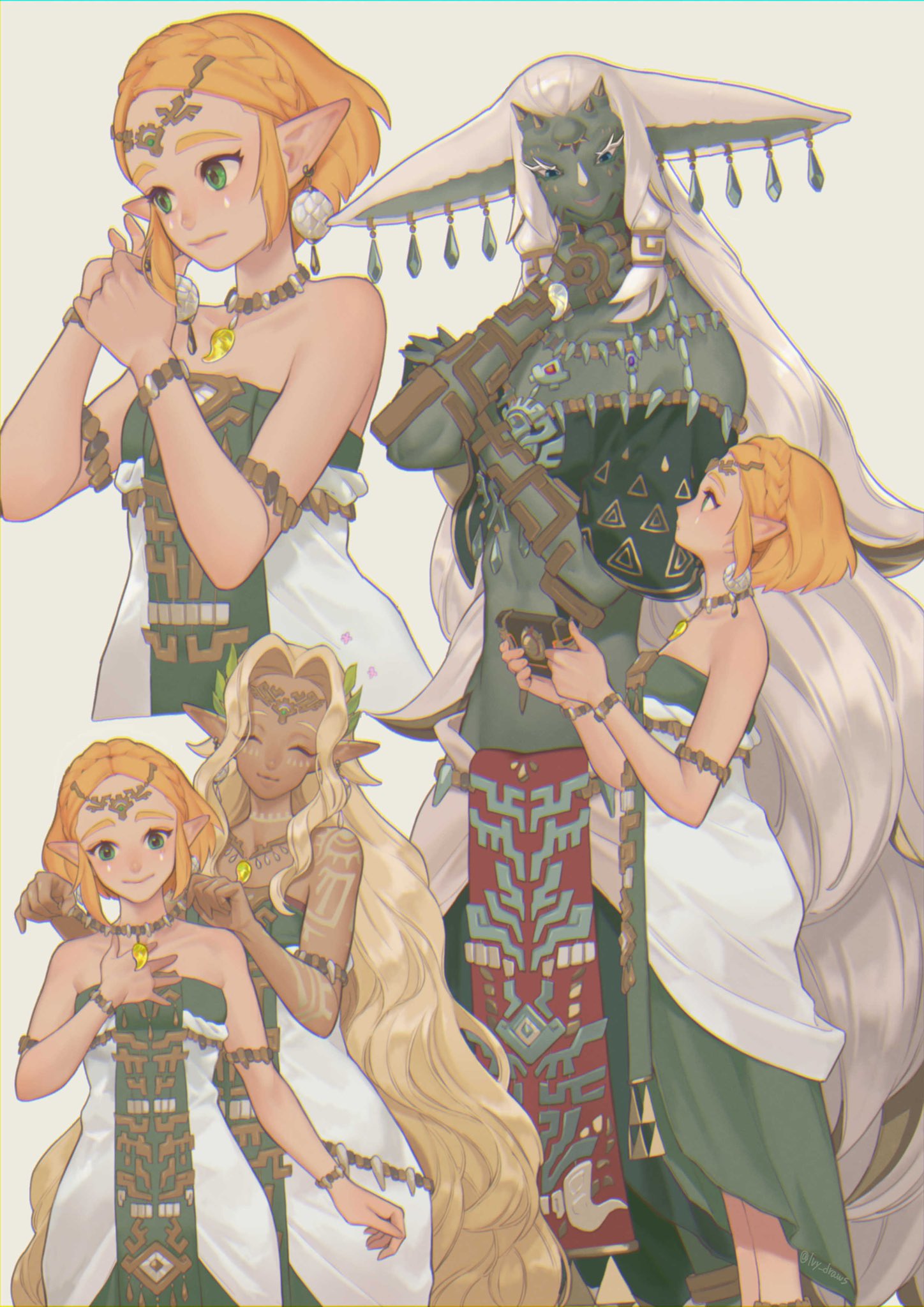 1boy 2girls armlet bare_shoulders blonde_hair bracelet braid character_request closed_mouth crown_braid dark-skinned_male dark_skin dress earrings feet_out_of_frame from_side green_dress green_eyes hand_up height_difference highres holding ivy_(sena0119) jewelry looking_at_another multicolored_clothes multicolored_dress multiple_girls parted_bangs pointy_ears princess_zelda profile sheikah_slate short_hair simple_background smile the_legend_of_zelda the_legend_of_zelda:_tears_of_the_kingdom white_background white_dress