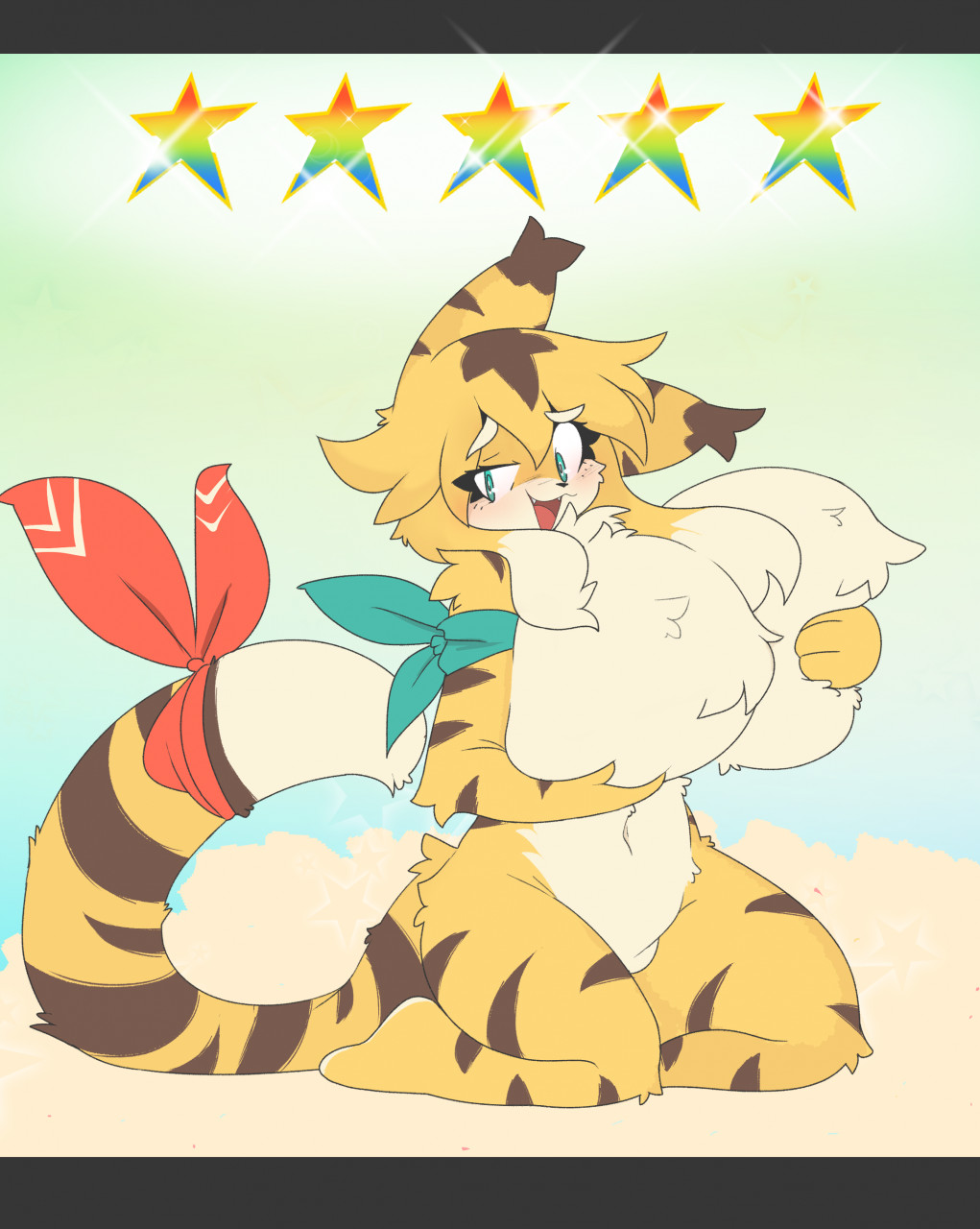 anthro big_breasts blonde_hair blush breasts caeleste featureless_breasts felid female fur green_eyes hair hi_res holding_breast huge_breasts hyper hyper_breasts kneeling mammal mia_(world_flipper) mostly_nude navel open_mouth pantherine smile solo star striped_body striped_fur stripes tail thick_thighs tiger wide_hips world_flipper yellow_body yellow_fur