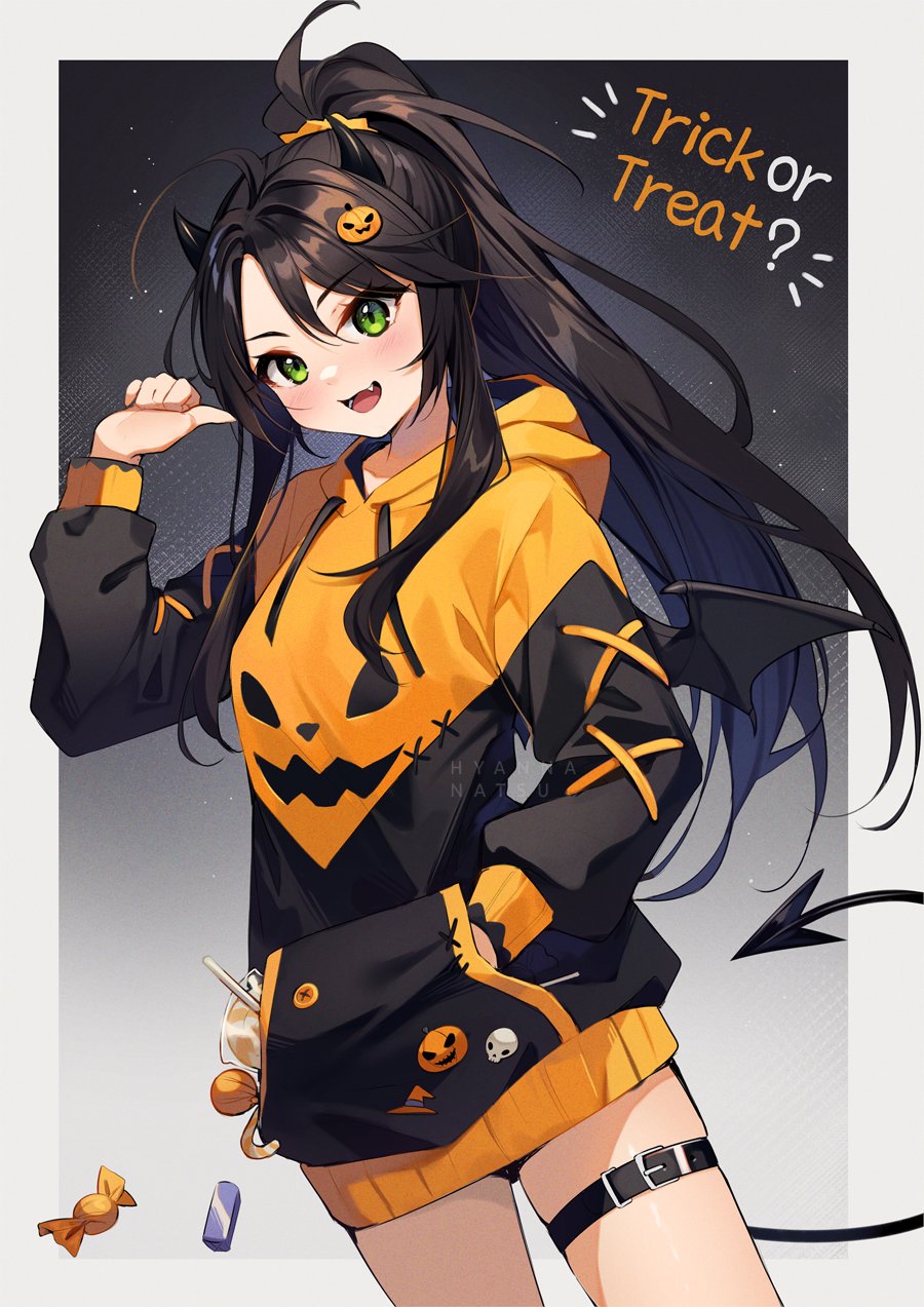 1girl ahoge black_hair blush candy commission demon_horns demon_tail dutch_angle fangs food green_eyes hair_ornament hand_in_pocket highres hood hood_down hoodie horns hyanna-natsu indie_virtual_youtuber jack-o'-lantern jack-o'-lantern_hair_ornament long_hair open_mouth ponytail tail thigh_strap trick_or_treat two-tone_sweater unethical_(vtuber) virtual_youtuber wings