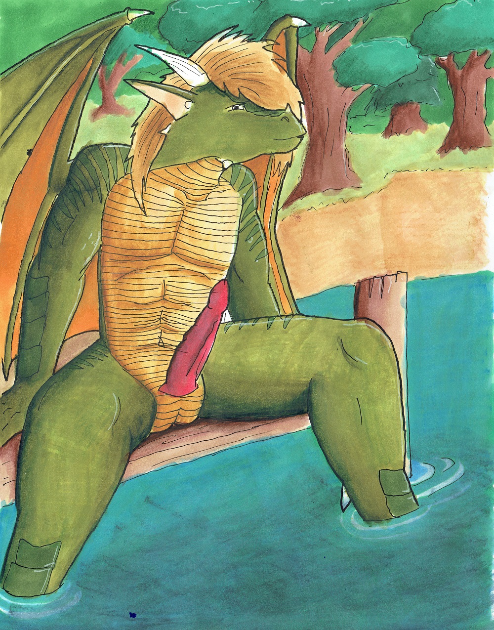 anthro cole dock dragon forest genitals hi_res lake lakeside looking_at_viewer male muscular nude nyghtmar3 penis plant reptile scalie sitting solo traditional_media_(artwork) tree water western_dragon wings