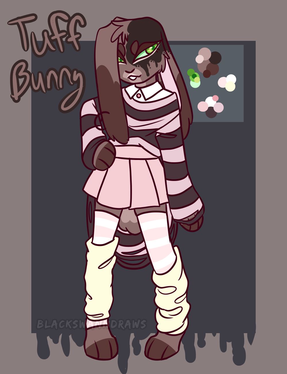 anthro black_stripes blackswandraws_(artist) bottomwear brown_body brown_fur buckteeth clothing collared_shirt elsinore female fur green_eyes hair hand_on_hip hi_res lagomorph leg_warmers legwear leporid long_ears mammal model_sheet multicolored_body multicolored_fur pattern_clothing paws pink_stripes rabbit short_hair skirt smile smirk solo stockings striped_clothing stripes teeth white_stripes yellow_clothing young