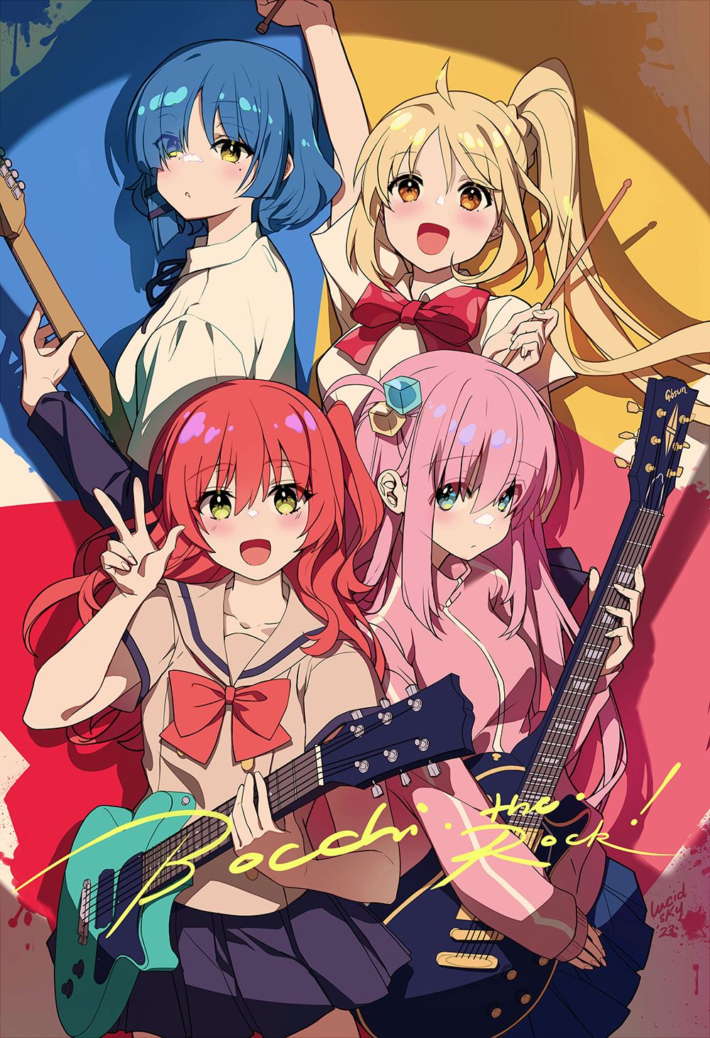 4girls :d ahoge aqua_eyes arm_up black_ribbon black_skirt blonde_hair blue_hair blue_skirt blunt_bangs blush bocchi_the_rock! bow bowtie brown_sailor_collar brown_shirt buttons closed_mouth collared_jacket collared_shirt cube_hair_ornament double-breasted drumsticks eyes_visible_through_hair fingernails gotoh_hitori green_eyes hair_ornament hairclip hand_up highres holding holding_drumsticks holding_guitar ijichi_nijika jacket kita_ikuyo layered_sleeves long_hair long_sleeves looking_at_viewer lucidsky miniskirt mole mole_under_eye multiple_girls neck_ribbon one_side_up open_mouth orange_eyes parted_bangs parted_lips pink_hair pink_jacket pleated_skirt polka_dot_bowtie red_bow red_bowtie red_hair ribbon sailor_collar sailor_shirt shirt short_hair short_over_long_sleeves short_sleeves side_ponytail sidelocks single_vertical_stripe skirt smile track_jacket v very_long_hair w white_shirt yamada_ryo yellow_eyes