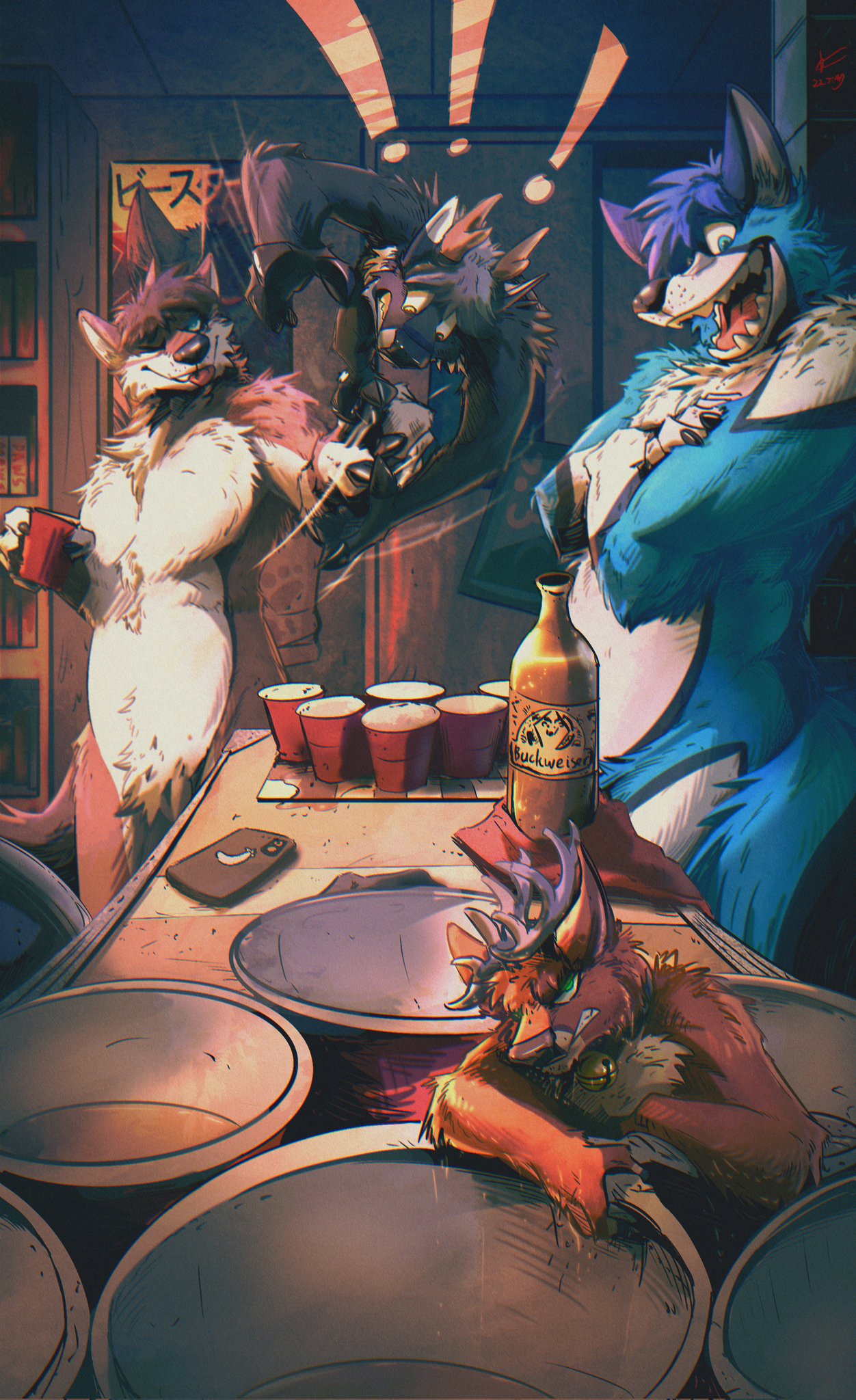 alcohol anthro beer beer_bottle beer_pong beverage bottle canid canine canis container deer group hi_res kale_the_deer macro male mammal micro mrjimmydafloof tirrel_(tirrel) wolf