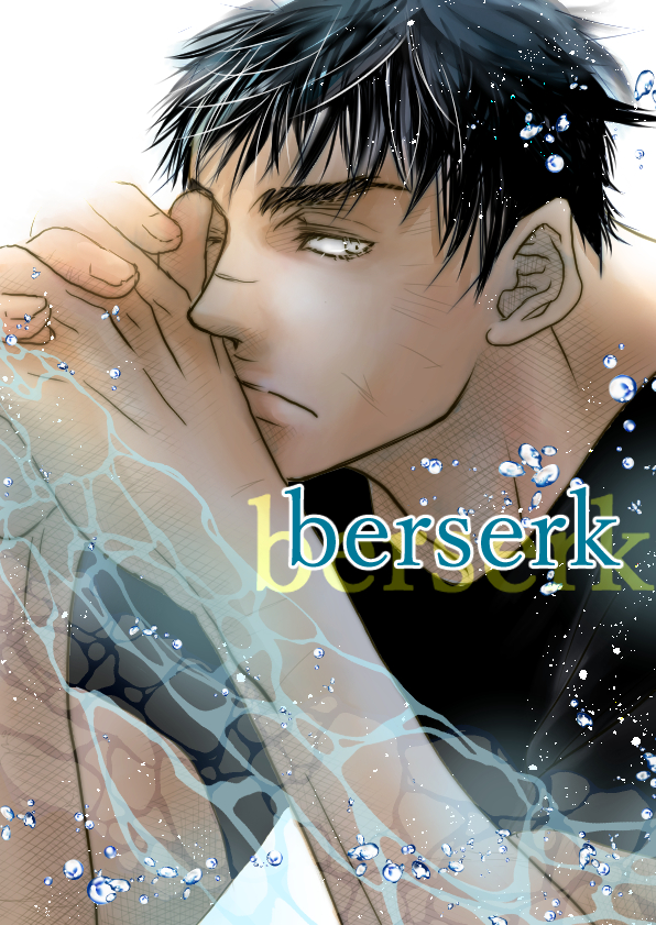 1boy berserk black_hair black_shirt bubble close-up closed_mouth commentary commentary_request guts_(berserk) kame_(jeycobsry) looking_to_the_side male_focus shirt simple_background solo water white_background