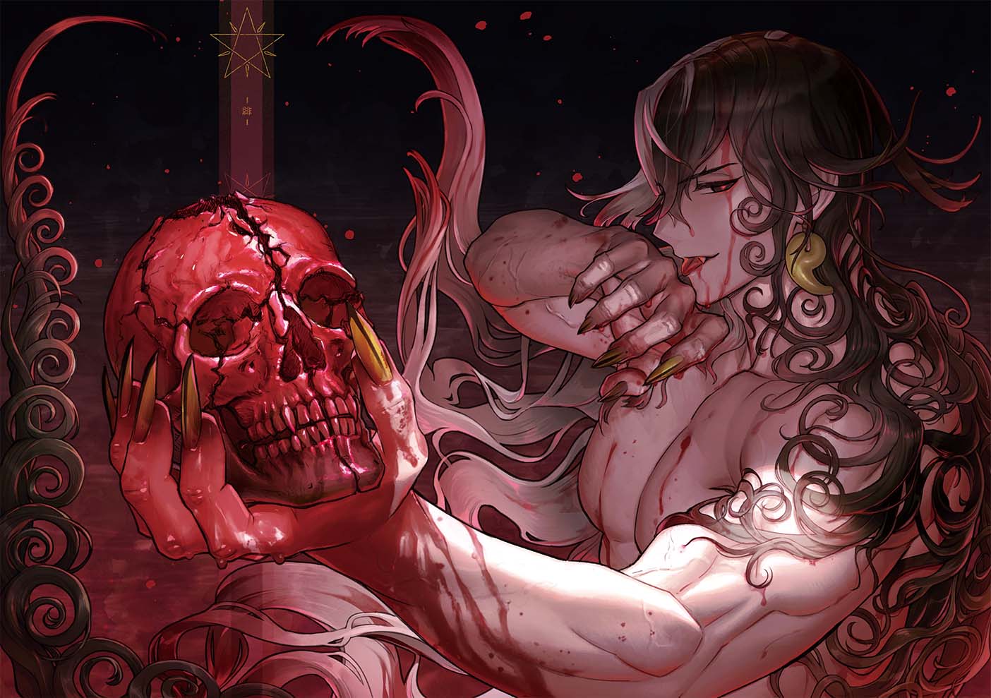 1boy abs ashiya_douman_(fate) black_hair blood blood_on_face blood_on_hands commentary_request earrings fate/grand_order fate_(series) fingernails green_nails holding holding_skull jewelry licking long_fingernails male_focus multicolored_hair muscular muscular_male na222222 pectorals skull topless white_hair