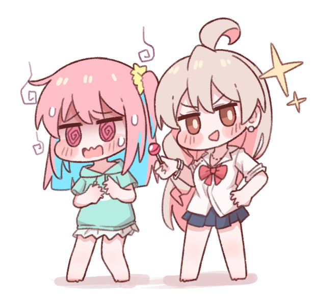 2girls :d @_@ ahoge bangle blue_hair blue_skirt blush_stickers bow bowtie bracelet brown_eyes candy chibi colored_inner_hair commentary_request earrings food gyaru hair_ornament hair_scrunchie hand_on_own_hip holding holding_candy holding_food holding_lollipop hood hoodie hozuki_kaede jewelry korean_commentary lollipop long_hair m1ch multicolored_hair multiple_girls nervous one_side_up onii-chan_wa_oshimai! open_mouth oyama_mahiro personality_switch pink_eyes pink_hair red_bow red_bowtie scrunchie shirt simple_background skirt smile smug sparkle sweat sweating_profusely two-tone_hair untucked_shirt wavy_mouth white_background white_shirt yellow_scrunchie