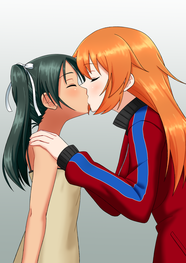 2girls blush breasts charlotte_e._yeager closed_eyes francesca_lucchini green_hair hair_ribbon hands_on_another's_shoulders jacket kiss kunashiri_(etorofu) large_breasts long_hair multiple_girls orange_hair ribbon sleeveless small_breasts strike_witches track_jacket twintails world_witches_series yuri