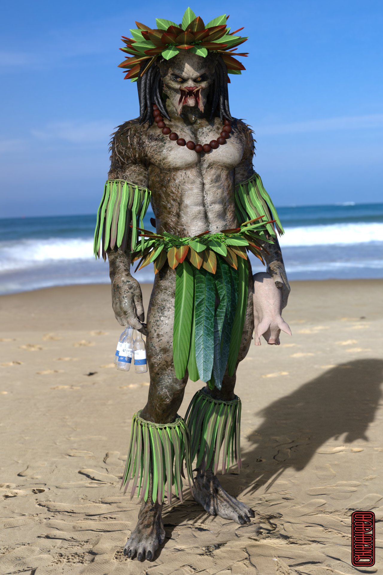 abs alien container corona_(beer) glass glass_container hawaii hi_res humanoid leaf male muscular muscular_humanoid muscular_male pecs predator_(franchise) solo ugnaughtsden yautja