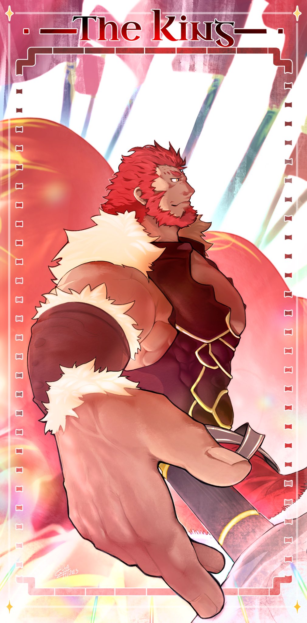 1boy ancient_greek_clothes armor bara beard breastplate cape cropped_legs facial_hair fate/zero fate_(series) foreshortening from_side front_slit fur-trimmed_cape fur_trim greco-roman_clothes highres inset_border iskandar_(fate) kalonezhno large_pectorals leather looking_ahead male_focus mature_male muscular muscular_male outstretched_arm pectorals profile red_cape red_eyes red_hair short_hair sidepec smile solo tarot tarot_(medium) thick_eyebrows tsurime