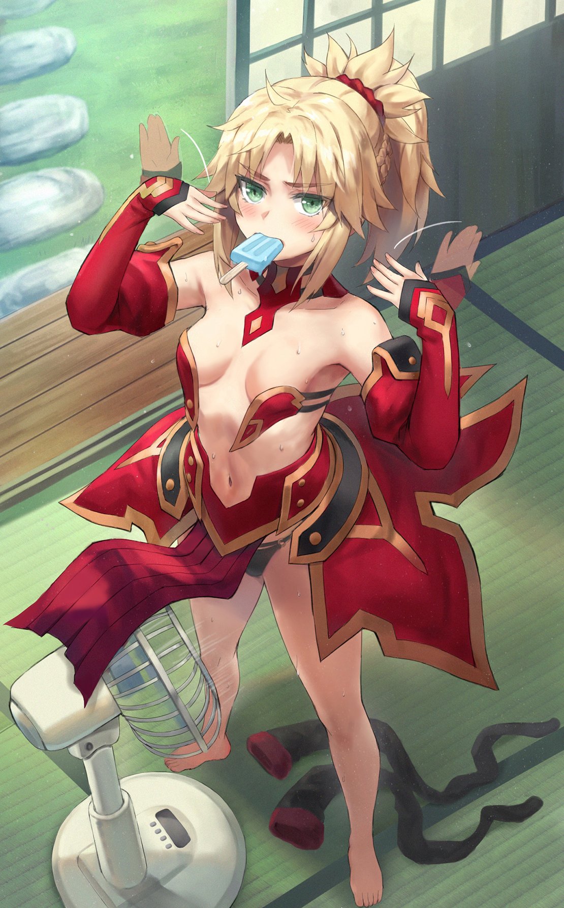 1girl bandeau bare_shoulders barefoot black_panties blonde_hair braid breasts collarbone detached_collar detached_sleeves electric_fan fanning_self fate/apocrypha fate/grand_order fate_(series) food food_in_mouth french_braid green_eyes highres long_hair looking_at_viewer mordred_(fate) mordred_(fate/apocrypha) mouth_hold navel panties parted_bangs pelvic_curtain ponytail popsicle popsicle_in_mouth sidelocks small_breasts solo sweat thighhighs_removed tonee underwear variant_set waist_cape wardrobe_malfunction