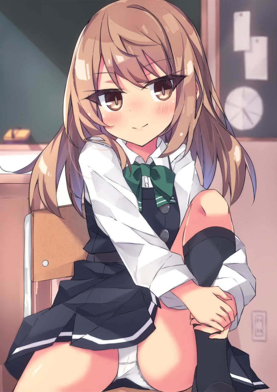 1girl beritabo black_dress black_socks blurry blurry_background blush bow brown_eyes brown_hair chair closed_mouth collared_shirt commentary_request depth_of_field dress dress_shirt green_bow hair_down highres hugging_own_legs indoors kantai_collection knee_up kneehighs long_hair long_sleeves michishio_(kancolle) on_chair panties pinafore_dress school_chair shirt sitting sleeveless sleeveless_dress smile socks solo underwear white_panties white_shirt