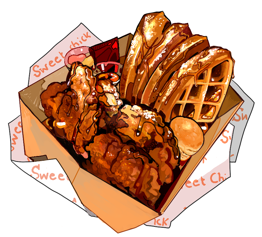box chicken_(food) commentary english_commentary fast_food food food_focus jadenvargen no_humans original paper simple_background still_life syrup waffle white_background wrapper