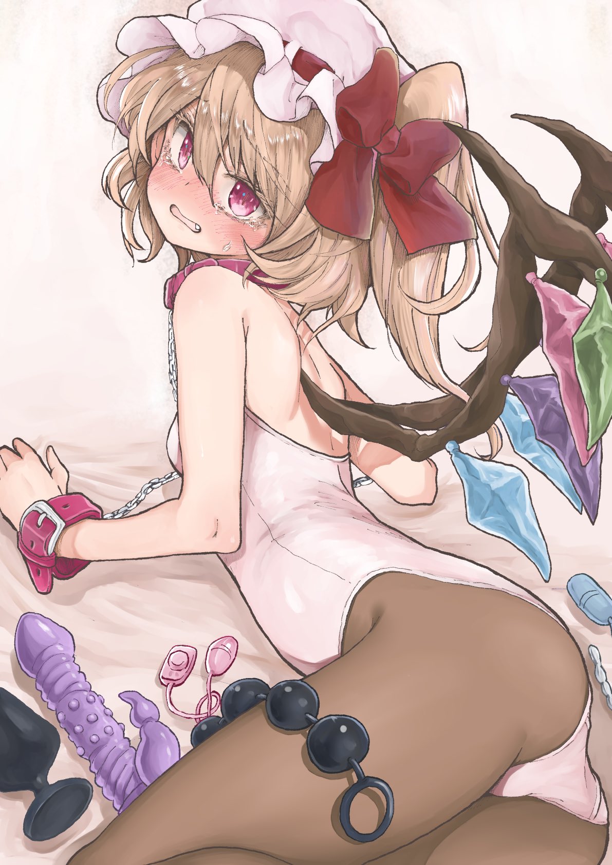 1girl black_pantyhose blonde_hair blush chain chikado collar crying crying_with_eyes_open crystal dildo fang flandre_scarlet hair_between_eyes hat highres leotard long_hair mob_cap one_side_up open_mouth pantyhose red_eyes sex_toy solo strapless strapless_leotard tears touhou vibrator white_headwear white_leotard wings