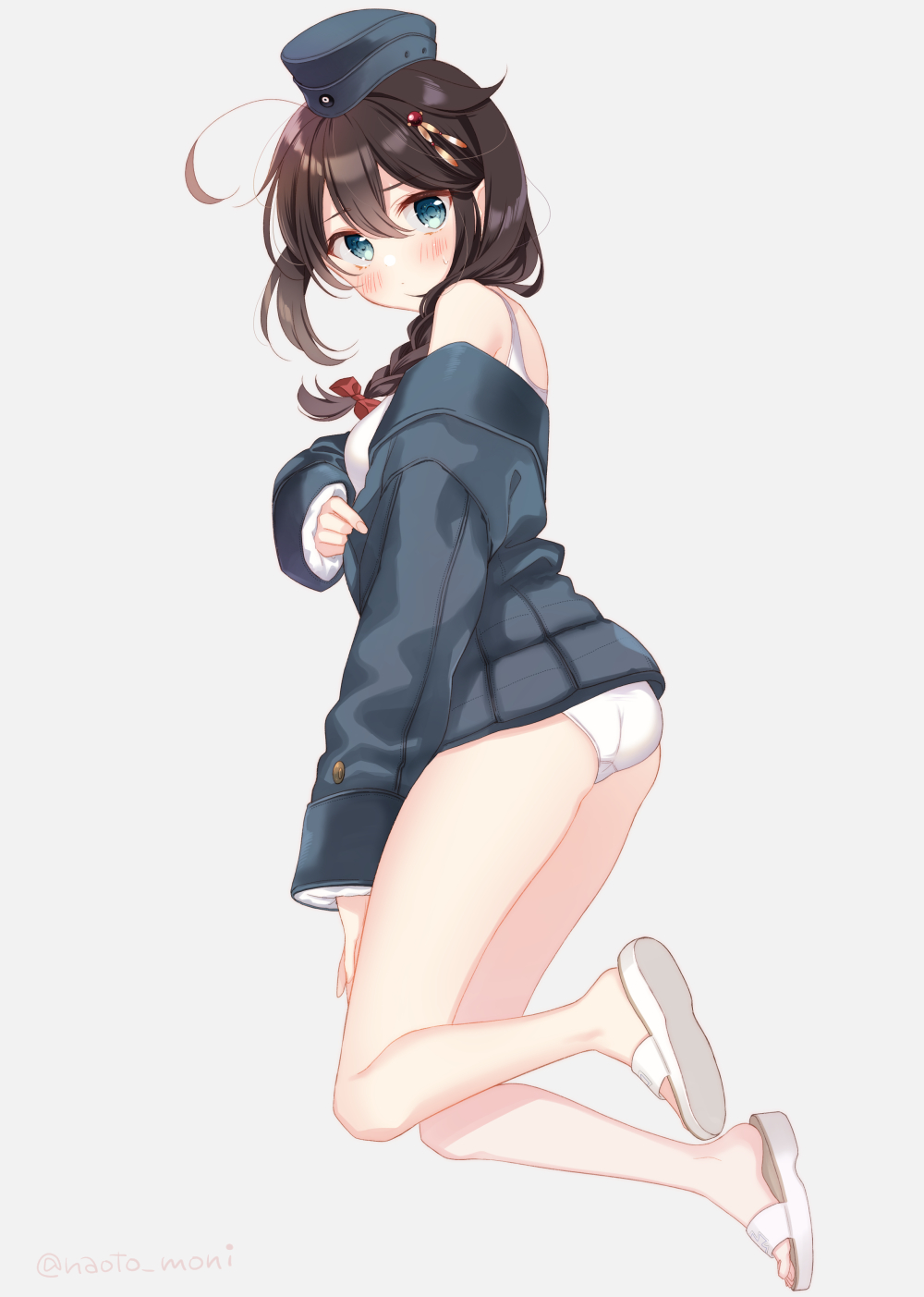 1girl ahoge ass bare_legs blue_eyes blush braid brown_hair from_side hair_flaps hair_ornament hair_over_shoulder hairpin highres kantai_collection long_sleeves looking_at_viewer naoto_(tulip) sandals shigure_(kancolle) shigure_kai_ni_(kancolle) simple_background single_braid thighs white_swimsuit