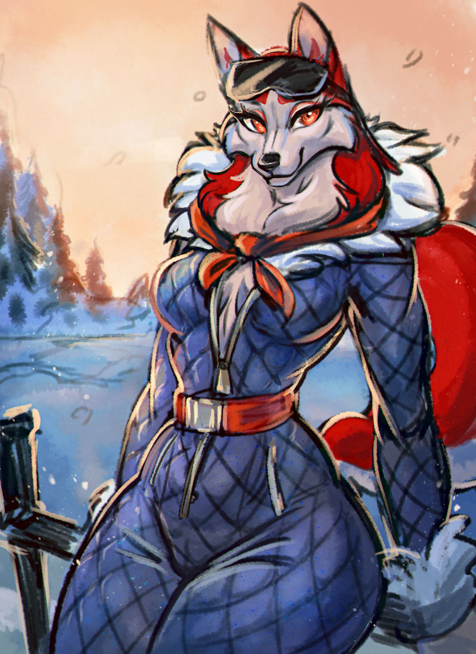 2023 anime_eyes anthro balto_(film) blue_clothing breasts clothing colored colorful costume detailed digital_drawing_(artwork) digital_media_(artwork) digital_painting_(artwork) eyelashes eyewear female fence fur glasses goggles half-length_portrait hi_res ice jenna_(balto) light lighting orange_clothing orange_eyes plant portrait red_body red_fur rizonik shaded sketch ski_goggles sky snow soft_shading solo sunset tail tail_tuft three-quarter_portrait tree tuft universal_studios winter_clothing winter_coat