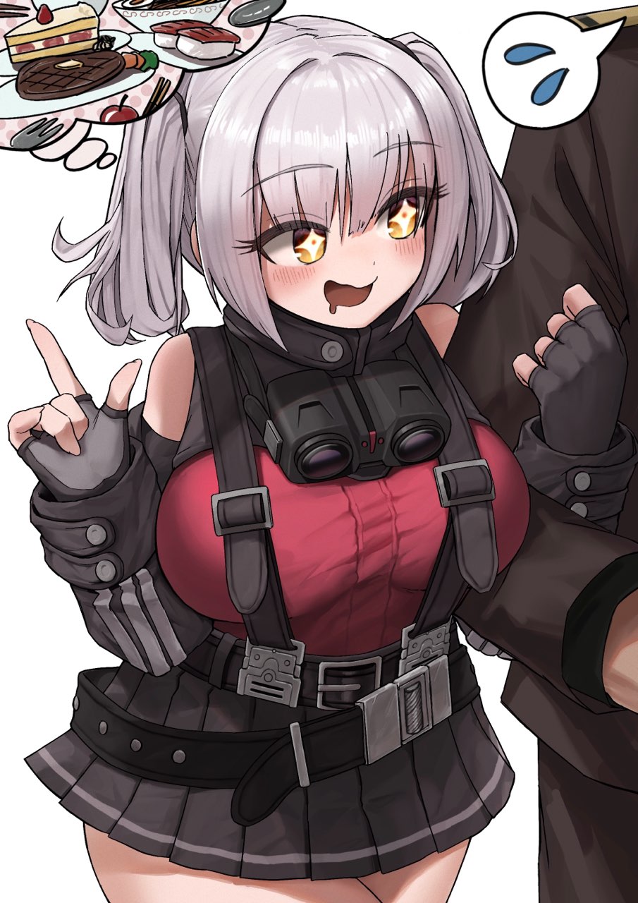 +_+ 1boy 1girl belorta_(nikke) belt binoculars black_belt black_gloves black_shirt black_skirt blush breasts cake cake_slice clothing_cutout commander_(nikke) commentary_request detached_sleeves fingerless_gloves food gloves goddess_of_victory:_nikke grey_hair highres large_breasts locked_arms medium_hair o_o_k_i_n_a open_mouth pleated_skirt red_shirt shirt short_twintails shoulder_cutout skirt sushi suspender_skirt suspenders thought_bubble twintails yellow_eyes