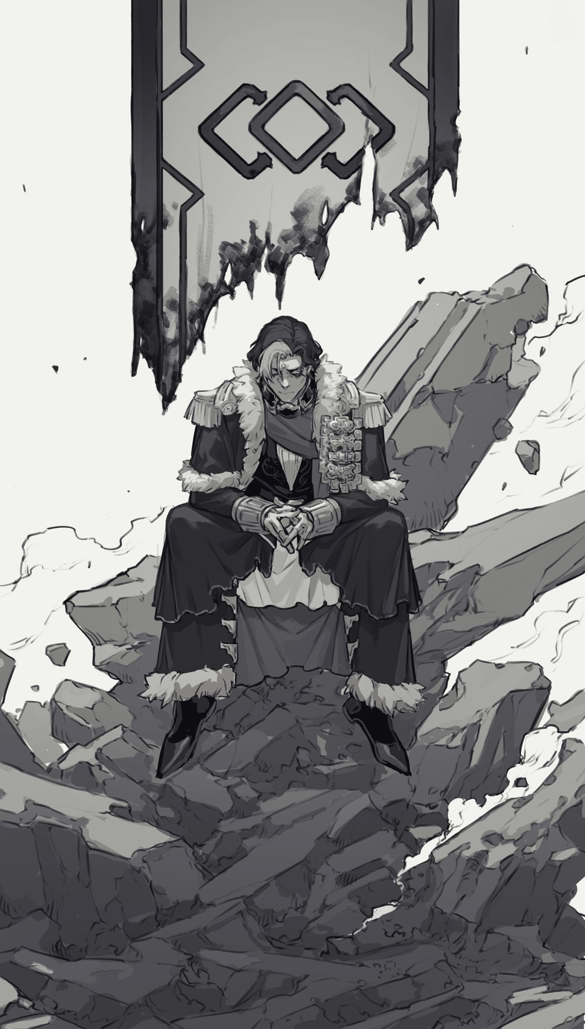 1boy cape closed_eyes emet-selch epaulettes final_fantasy final_fantasy_xiv full_body greyscale highres jacket long_sleeves male_focus monochrome multicolored_hair ogata_tomio own_hands_together pants rubble shoes short_hair sitting smoke solo torn_flag two-tone_hair