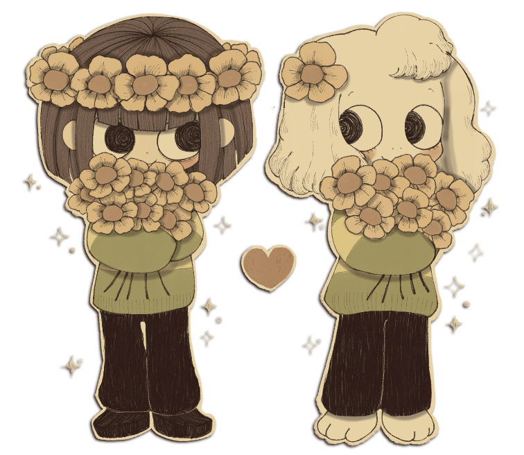 1boy 1other animal_feet asriel_dreemurr black_eyes black_footwear black_pants blunt_bangs blush_stickers bouquet brown_hair chara_(undertale) closed_mouth commentary cowlick english_commentary eyelashes floppy_ears flower furry furry_male green_sweater hair_flower hair_ornament head_wreath heart holding holding_bouquet long_sleeves memorisleep outline pants shoes short_hair single_stripe smile sparkle striped striped_sweater sweater transparent_background undertale white_fur white_outline yellow_flower