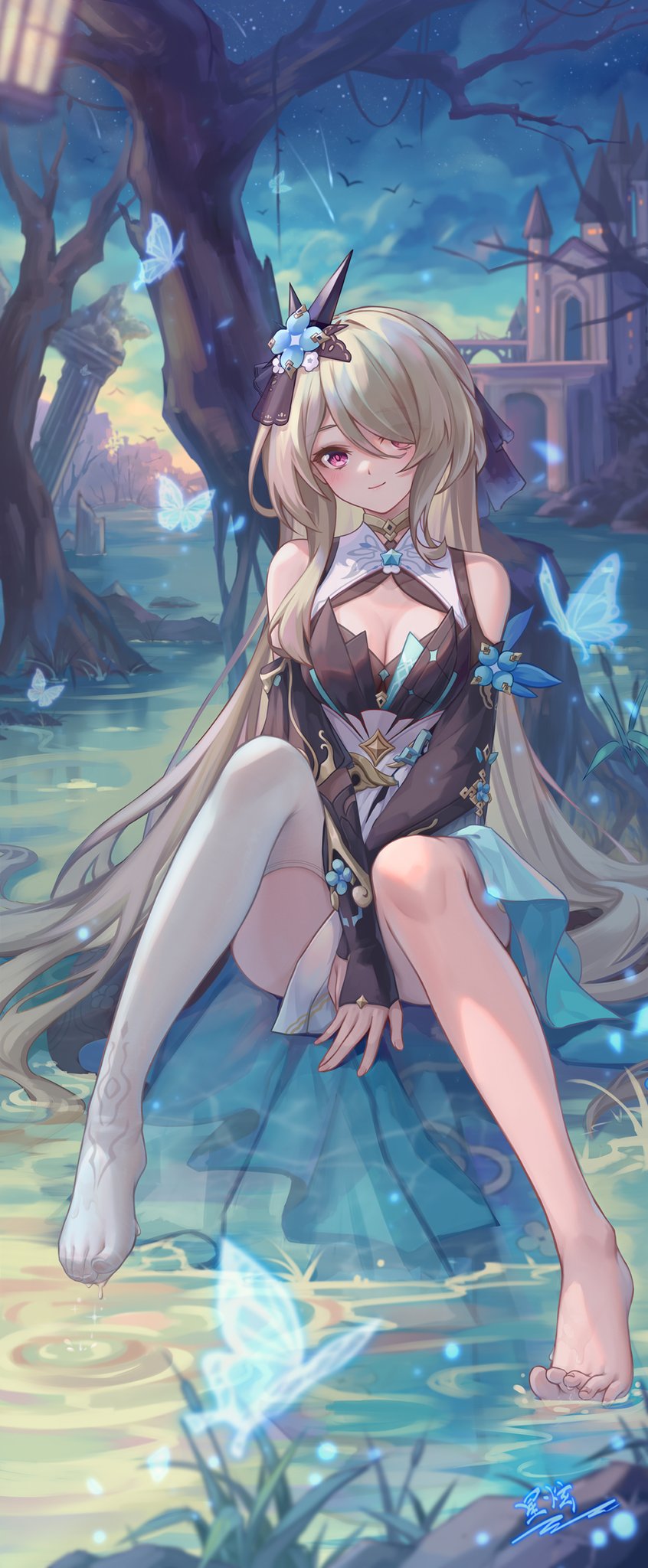 1girl animal bare_shoulders barefoot between_legs black_dress blue_flower blurry blurry_foreground breasts brown_hair bug building butterfly cleavage cleavage_cutout closed_mouth clothing_cutout cloud cloudy_sky commentary_request depth_of_field dress flower hair_over_one_eye hand_between_legs highres honkai_(series) honkai_impact_3rd knees_up lantern long_hair medium_breasts no_shoes outdoors red_eyes rita_rossweisse single_thighhigh sitting sky smile solo thighhighs tree very_long_hair water white_thighhighs yelan_xing_xuan