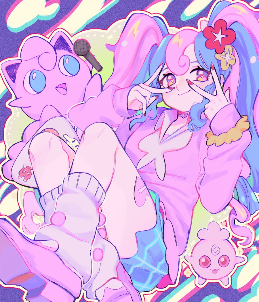 1girl blue_skirt bull_sprite_(pokemon) cardigan choker fairy_miku_(project_voltage) fish_sprite_(pokemon) flower hair_flower hair_ornament hatsune_miku heart heart_choker igglybuff jigglypuff leg_warmers long_hair looking_at_viewer microphone multicolored_hair pink_cardigan pink_footwear pokemon pokemon_(creature) project_voltage rikikitty scrunchie skirt smile twintails two-tone_hair v very_long_hair vocaloid wrist_scrunchie