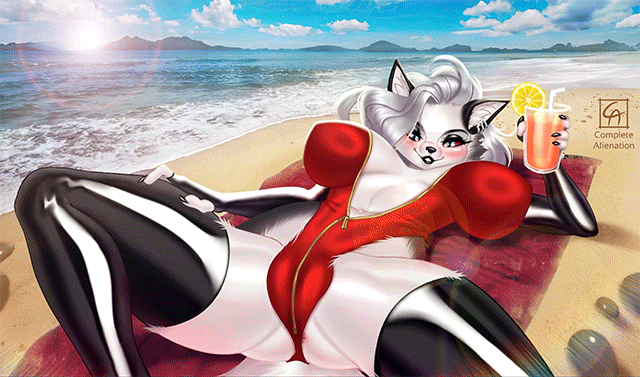 animated anthro anus barely_visible_anus barely_visible_genitalia beach beach_towel beverage big_breasts black_clothing black_legwear black_lipstick black_nose black_stockings breasts butt camel_toe canid canid_demon claws clothed clothing cloud completealienation container cup demon detailed_background digital_media_(artwork) drinking_straw female fingers fur genitals glistening glistening_body glistening_clothing hair hand_on_leg hand_on_thigh hellhound helluva_boss holding_glass holding_object inner_ear_fluff legwear lemon_slice light lipstick looking_at_viewer loona_(helluva_boss) lying makeup mammal narrowed_eyes on_back open_mouth outside red_sclera sand seaside shaded sky smile solo spread_legs spreading stockings sunlight tail thigh_highs towel tuft water white_body white_fur