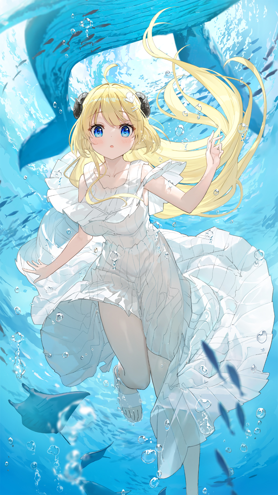 1girl ahoge air_bubble arm_up blonde_hair blue_eyes breasts bubble chestnut_mouth dress fish floating_hair fuumi_(radial_engine) hair_ornament hairclip high_heels highres hololive horns leg_up long_dress long_hair looking_at_another ocean open_mouth sheep_girl sheep_horns sidelocks solo thighs tsunomaki_watame underwater virtual_youtuber whale white_dress white_footwear