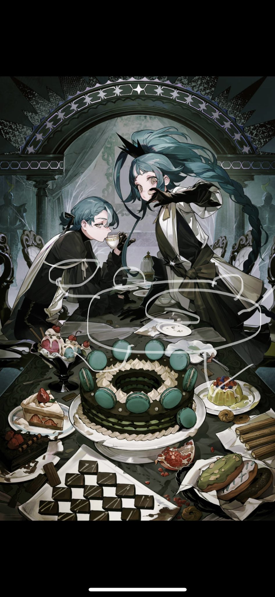 1boy 1girl aqua_hair black_border black_gloves black_headwear black_ribbon black_shirt border bow braid cake cake_slice cape chair chinese_commentary chocolate commentary_request crown cup desert dress drinking elbow_gloves fingerless_gloves food food_request fork fruit gloves green_bow green_eyes hair_ribbon hallway hand_on_table highres holding holding_cup ice_cream indoors long_hair long_sleeves looking_at_viewer macaron original parted_lips plate ribbon shirt short_dress silverlilii single_braid sitting strawberry strawberry_shortcake striped striped_bow sundae tea_party teacup waist_bow white_cape white_dress