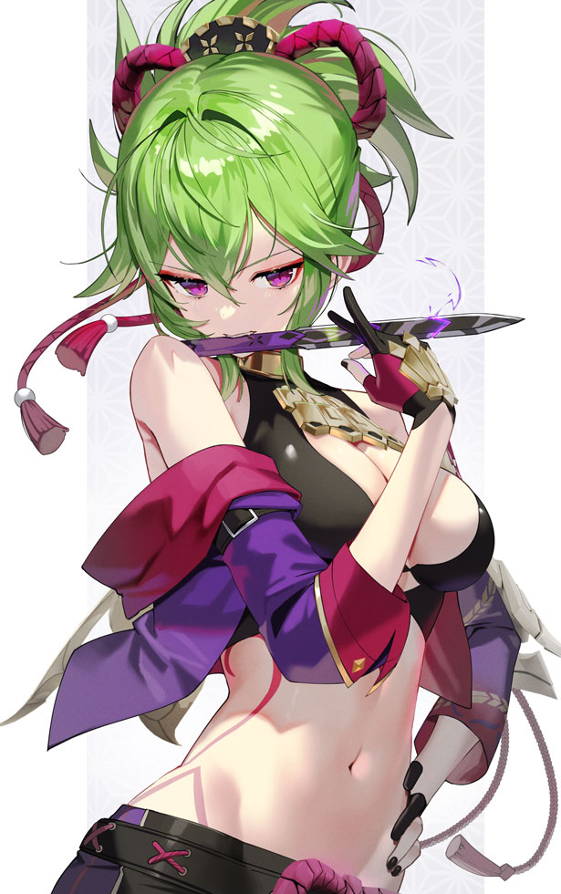1girl black_nails body_markings breasts cleavage commentary_request crop_top cropped_jacket duplicate electricity genshin_impact gloves green_hair hair_between_eyes hair_ornament hand_on_hip hand_up jacket knife_in_mouth kuki_shinobu looking_at_viewer medium_breasts midriff mouth_hold navel off_shoulder partially_fingerless_gloves pixel-perfect_duplicate purple_eyes purple_jacket rope scottie_(phantom2) shimenawa short_ponytail simple_background solo stomach tassel upper_body white_background