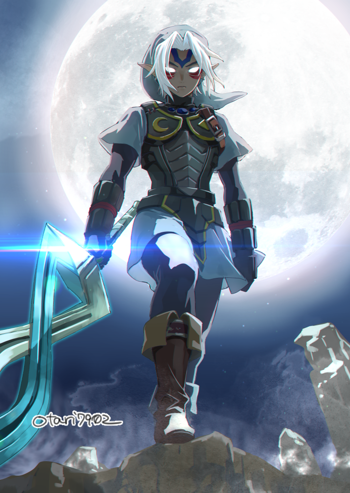 armor boots facepaint fierce_deity full_moon gauntlets grey_headwear holding holding_sword holding_weapon indesign leather leather_boots link looking_at_viewer moon no_pupils sword the_legend_of_zelda the_legend_of_zelda:_tears_of_the_kingdom weapon white_hair