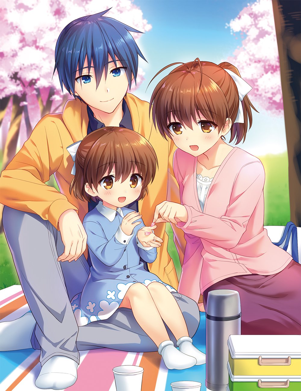 1boy 2girls antenna_hair blue_dress blue_eyes blue_hair bow brown_eyes brown_hair casual cherry_blossoms clannad commentary_request crossed_legs day dress family father_and_daughter full_body furukawa_nagisa fuyuichi hair_bow hair_ribbon highres husband_and_wife looking_at_another medium_hair mother_and_daughter multiple_girls no_shoes official_art okazaki_tomoya okazaki_ushio outdoors picnic ponytail ribbon second-party_source short_hair sitting socks spiked_hair spoilers thermos tree white_ribbon white_socks yokozuwari