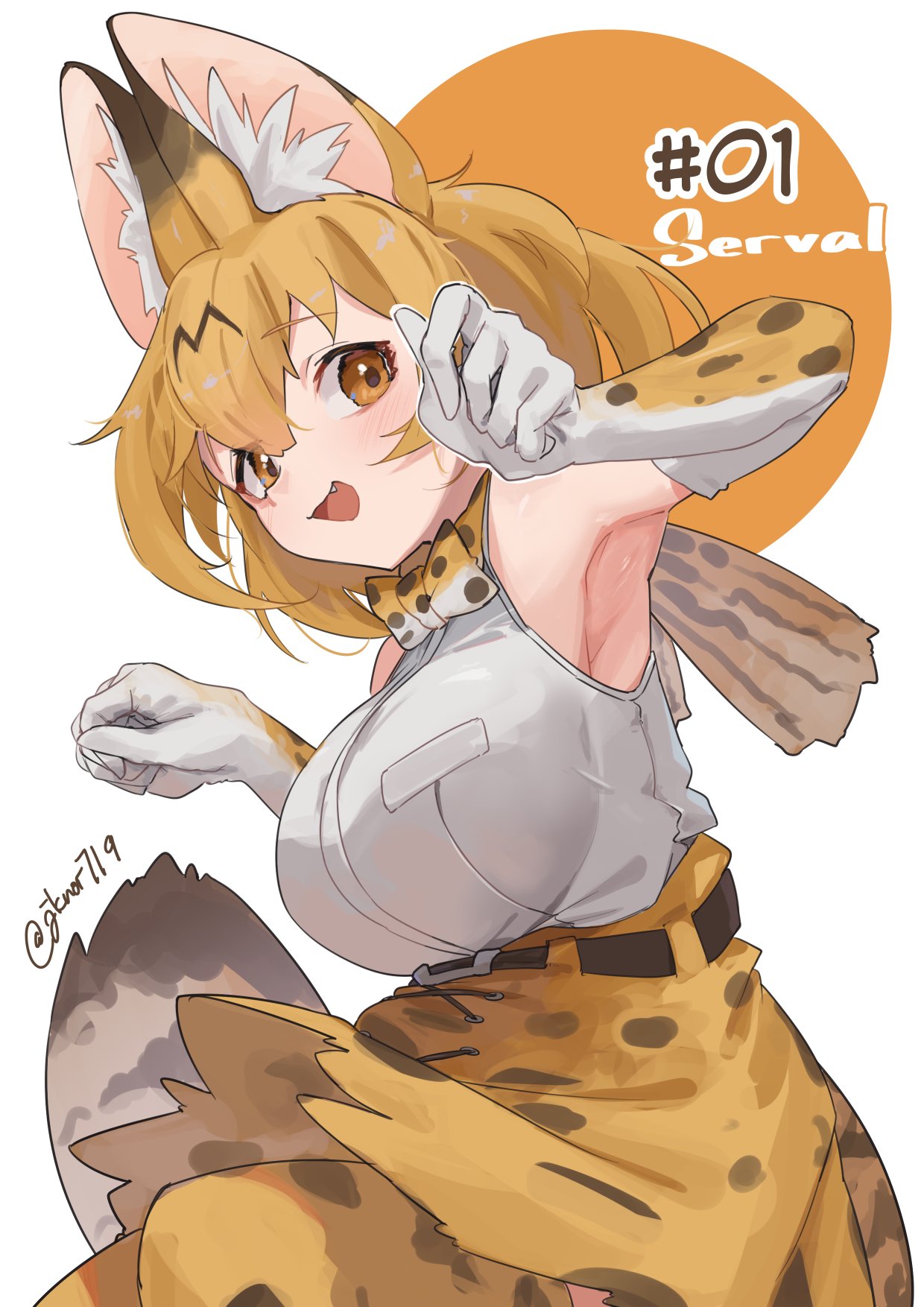 1girl animal_ears bare_shoulders blonde_hair blush bow bowtie cat_ears cat_girl cat_tail elbow_gloves fang gloves hair_between_eyes high-waist_skirt highres kemono_friends noor7 open_mouth print_bow print_bowtie print_gloves print_skirt print_thighhighs serval_(kemono_friends) serval_print shirt short_hair sidelocks skirt sleeveless solo tail thighhighs white_gloves white_shirt yellow_eyes