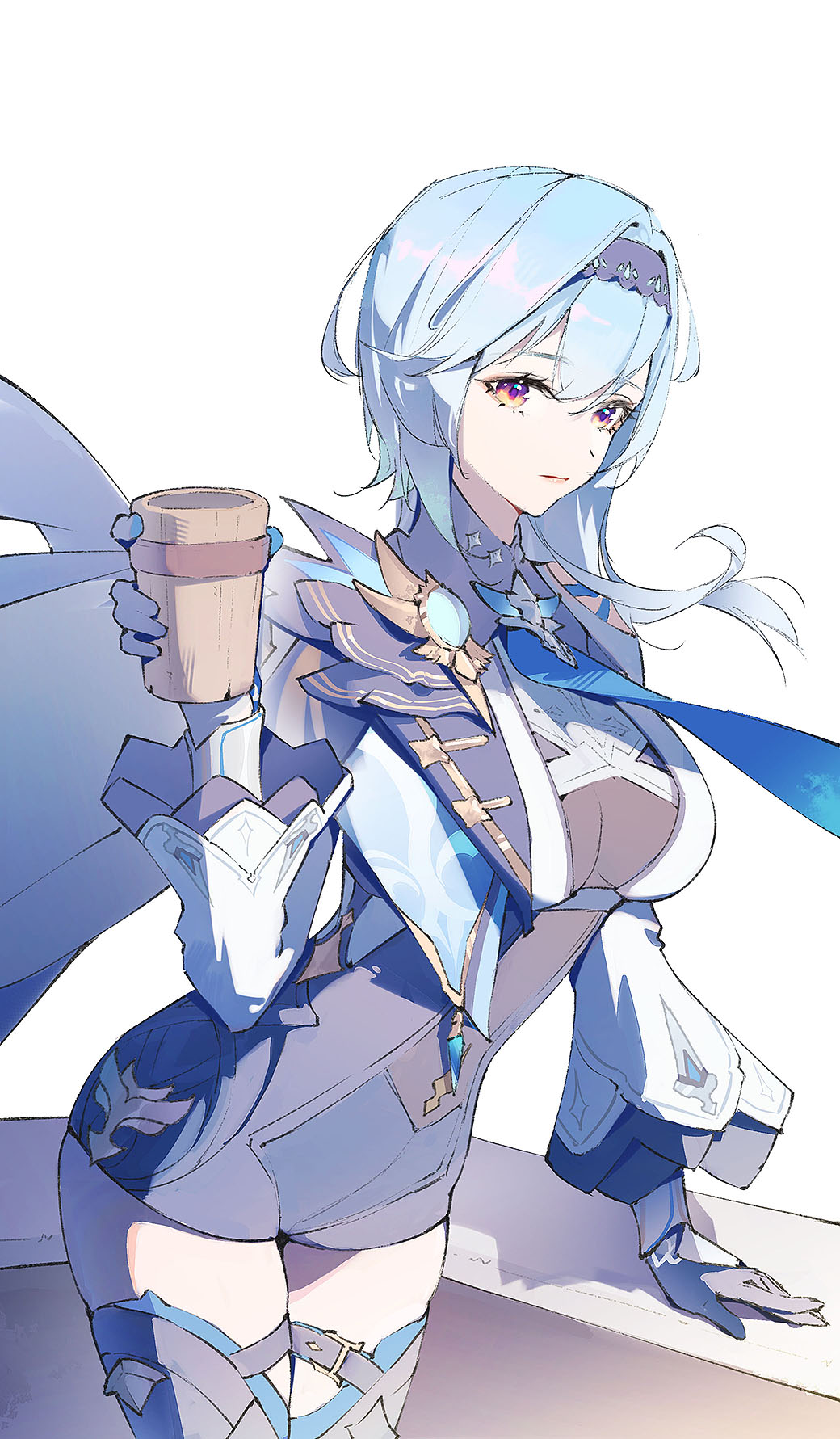 1girl arm_support blue_cape blue_gloves blue_hair blue_hairband blue_necktie breasts cape chest_harness closed_mouth clothing_cutout cup eula_(genshin_impact) genshin_impact gloves hair_between_eyes hairband hand_up harness highres holding holding_cup j_fang lips long_sleeves looking_at_viewer medium_breasts medium_hair multicolored_eyes necktie purple_eyes shoulder_cutout sidelocks simple_background solo vision_(genshin_impact) white_background white_sleeves wide_sleeves wooden_cup