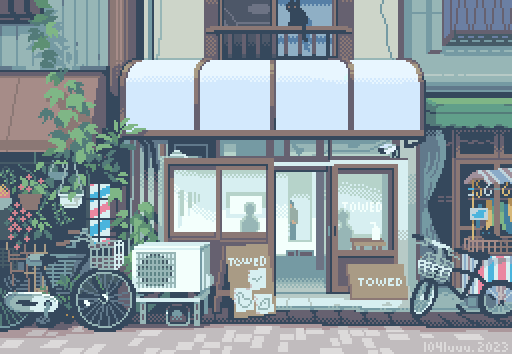 3others ambiguous_gender animated animated_gif balcony barber_pole bicycle cat day flower hanging_plant multiple_others original outdoors pixel_art railing toyoi_yuuta