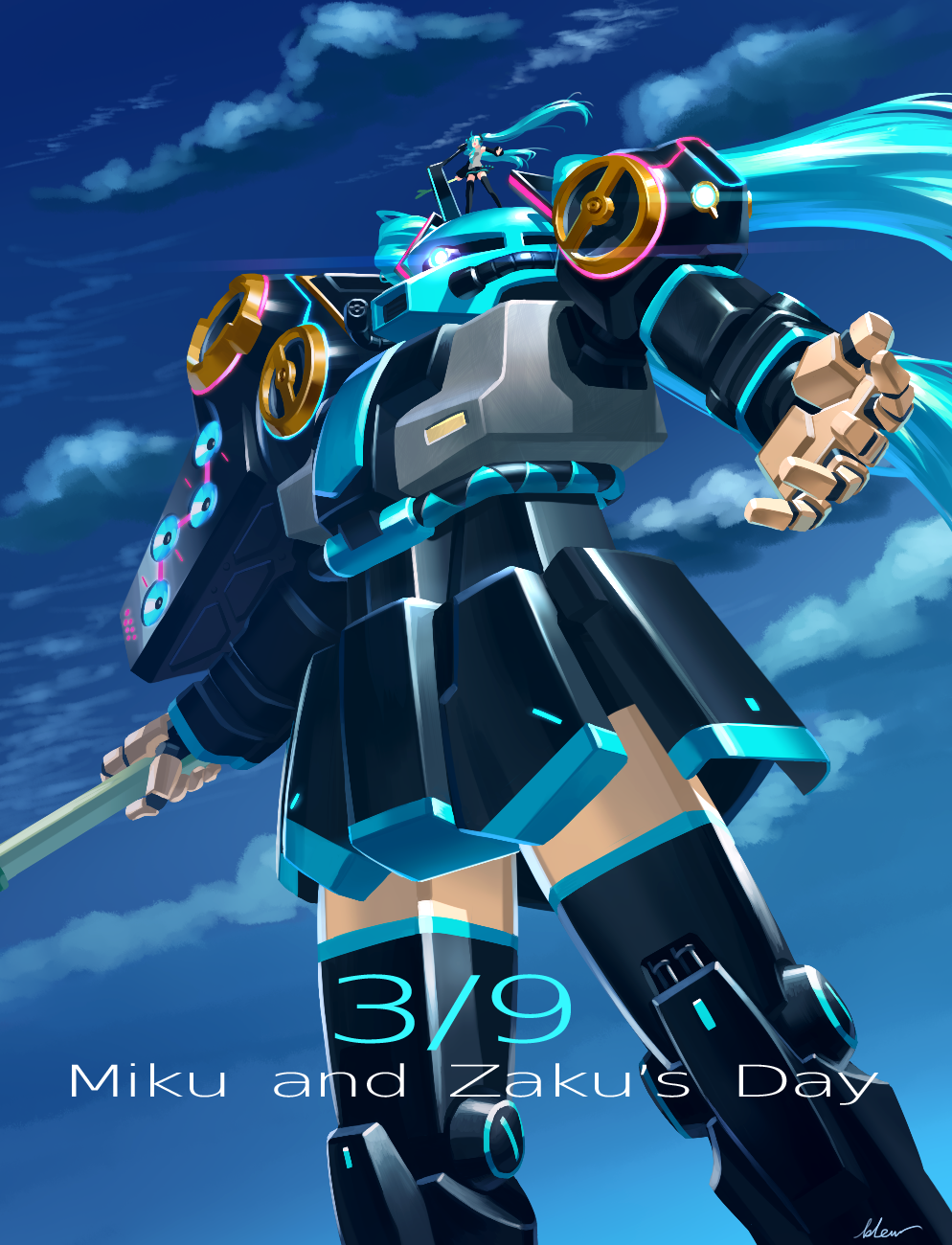 1girl black_skirt black_thighhighs blew_andwhite blue_eyes blue_hair character_name cloud collared_shirt crossover fusion glowing glowing_eye grey_shirt gundam hatsune_miku highres holding long_hair mecha miku_day mobile_suit mobile_suit_gundam one-eyed open_hand robot science_fiction shirt signature skirt sky sleeveless sleeveless_shirt speaker thighhighs very_long_hair vocaloid zaku_ii