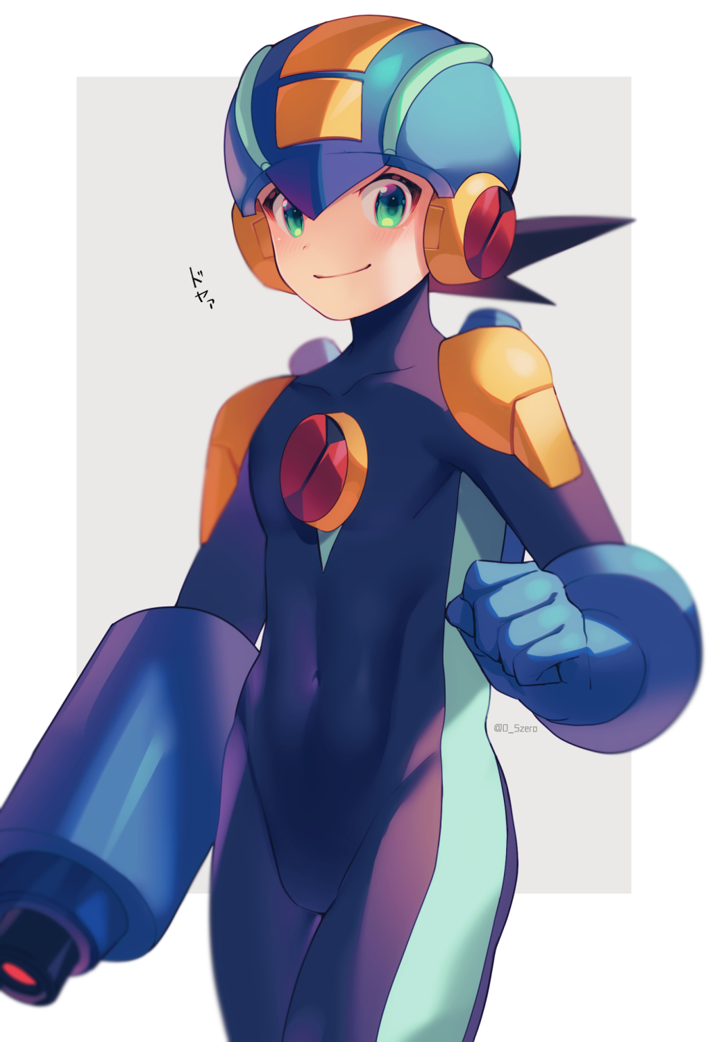 1boy arm_cannon black_hair blue_bodysuit blue_headwear blurry blush bodysuit border closed_mouth commentary_request covered_collarbone covered_navel cowboy_shot depth_of_field green_eyes grey_background happy helmet highres looking_at_viewer male_focus mega_man_(series) mega_man_battle_network_(series) megaman.exe outside_border short_hair simple_background smile solo spiked_hair standing translation_request twitter_username weapon white_border zero-go