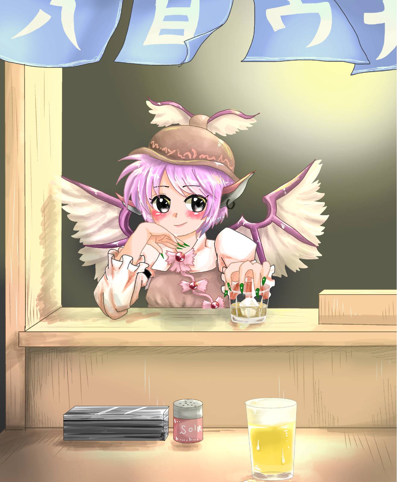 1girl alcohol animal_ears bird_ears bird_wings black_eyes blush bow brown_dress brown_headwear cup dress earrings fingernails food_stand green_nails hat highres holding holding_cup hoop_earrings ice ice_cube jewelry long_fingernails long_sleeves mystia_lorelei pink_bow pink_hair sharp_fingernails short_hair single_earring smile solo touhou tutiyalove white_wings winged_hat wings yatai