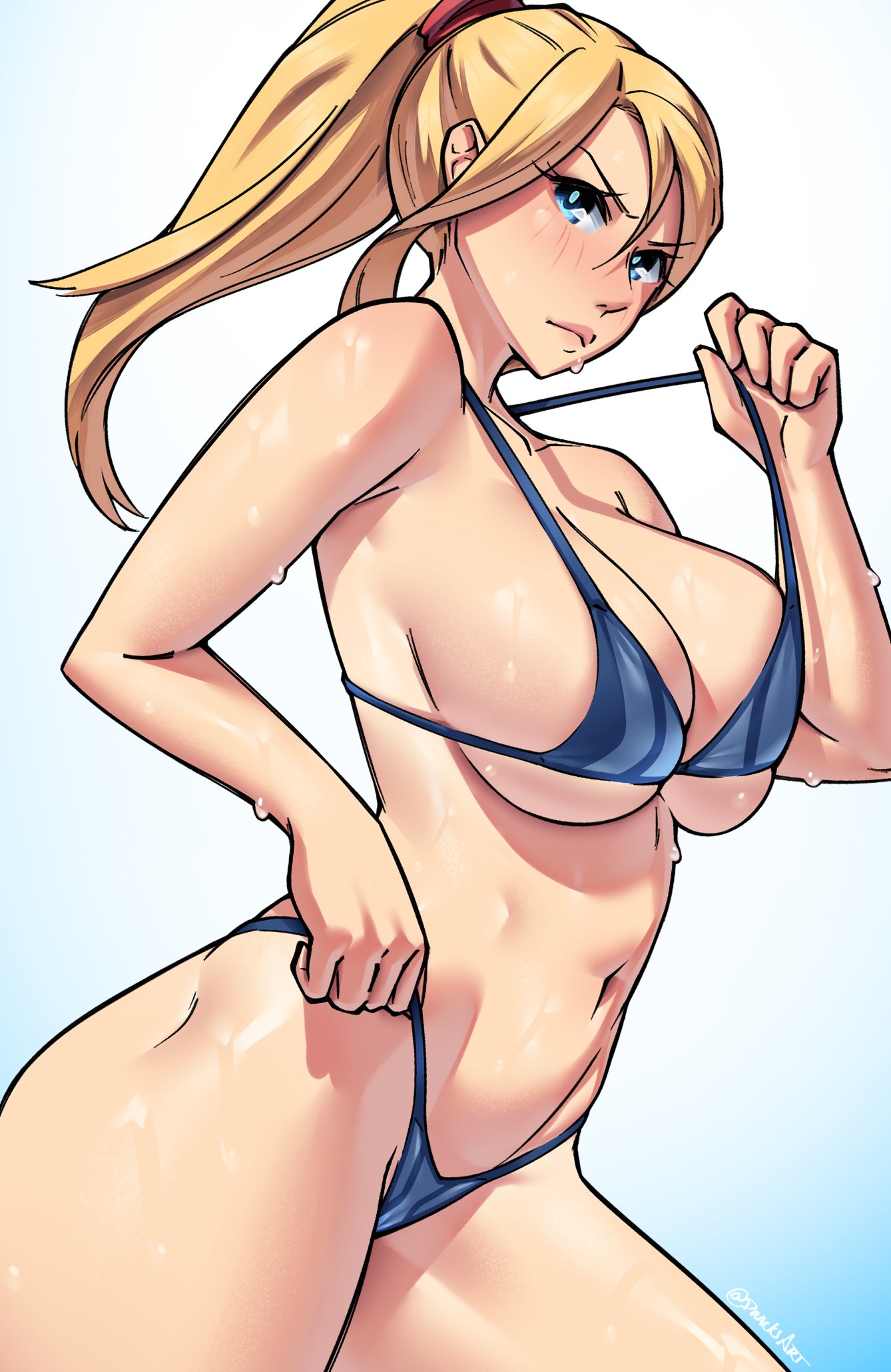 1girl bikini bikini_pull blonde_hair blue_eyes blush breasts cleavage clothes_pull dracksart eyelashes frown gradient_background highres large_breasts lips metroid navel ponytail samus_aran shiny_skin sideboob signature simple_background stomach sweat swept_bangs swimsuit thick_thighs thighs underboob wet