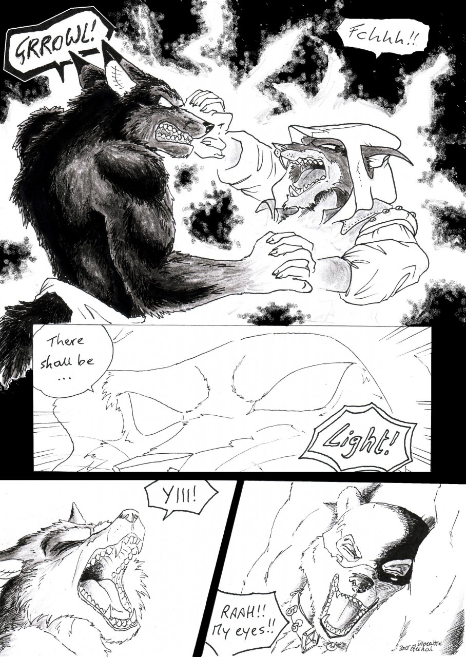 2015 5_fingers anthro bear black_and_white blind blinding blinding_bangs canid canine canis claws clothed clothing comic dialogue digitigrade dlpeattie don_solletico dungeon english_text eternal.knot eternal_(eternal.knot) eyes_closed fantasy feet finger_claws fingers four_frame_image fur group hi_res humanoid_hands inside jackal lights magic magic_user male mammal monochrome murid murine muscular muscular_anthro muscular_male pecs prick_ears rat rodent round_ears sharp_teeth smile snout speech_bubble tail teeth text toe_claws toes topless topless_anthro trio were werecanid werecanine werejackal yelling zharr_j_wolf