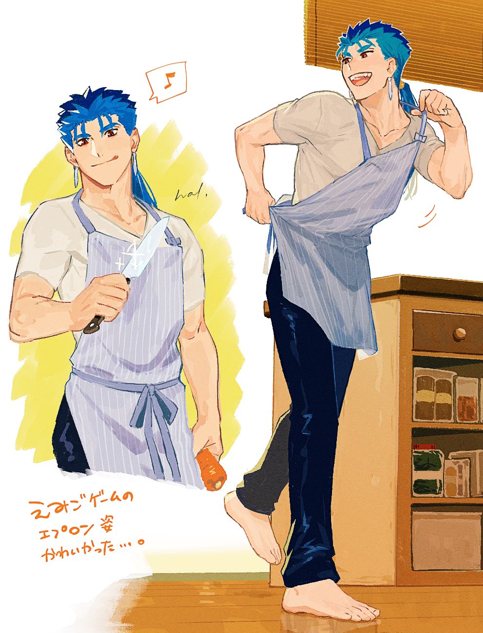 1boy apron barefoot black_pants carrot cu_chulainn_(fate) dressing earrings fate_(series) food full_body hal_(haaaalhal) highres holding holding_food holding_knife holding_vegetable jewelry kitchen knife licking_lips long_hair looking_back male_focus multiple_views musical_note pants ponytail shirt short_sleeves signature solo sparkle spoken_musical_note stepping striped striped_apron teeth tongue tongue_out translation_request upper_teeth_only vegetable vertical-striped_apron vertical_stripes white_shirt wooden_floor