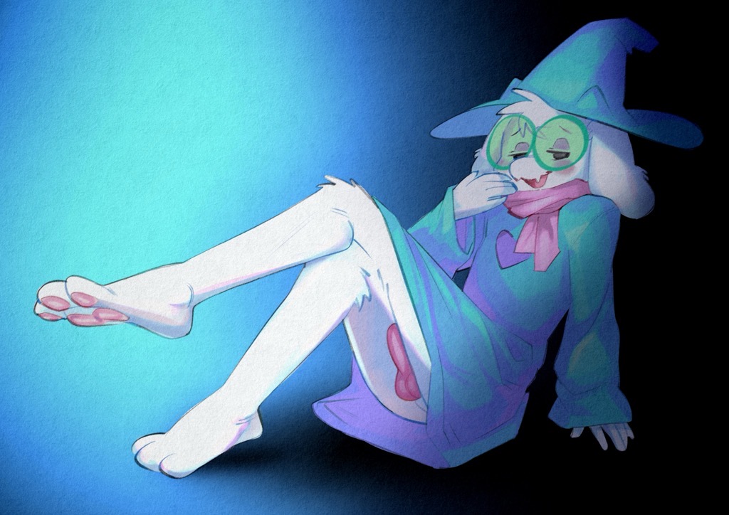 anthro bottomless bovid caprine clothed clothing deltarune eyewear genitals glasses goat looking_at_viewer male mammal open_mouth open_smile penis ralsei simple_background sitting smile solo undertale_(series) xu53r