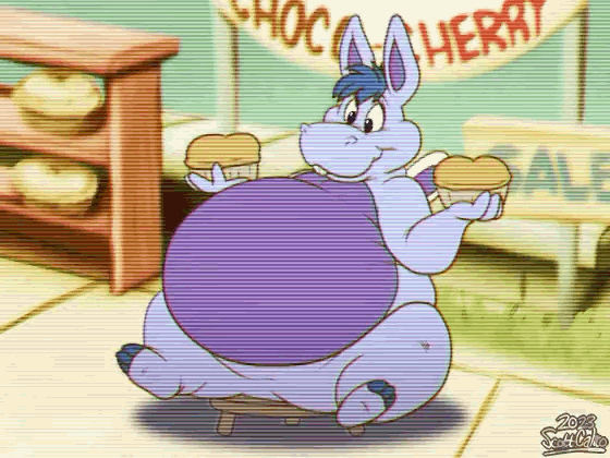 2023 animated anthro banner belly big_belly bloated blue_hair bouncing_belly breaking buckteeth chair common_hippopotamus dessert disney eating female food fur furniture hair hippopotamid hoppopotamus_(the_wuzzles) hybrid hyper hyper_belly lagomorph leporid mammal no_sound nude obese obese_anthro obese_female overweight overweight_anthro overweight_female pie purple_body rabbit scott_calico sign signature sitting solo stool surprised_expression teeth text the_wuzzles weight_gain wings
