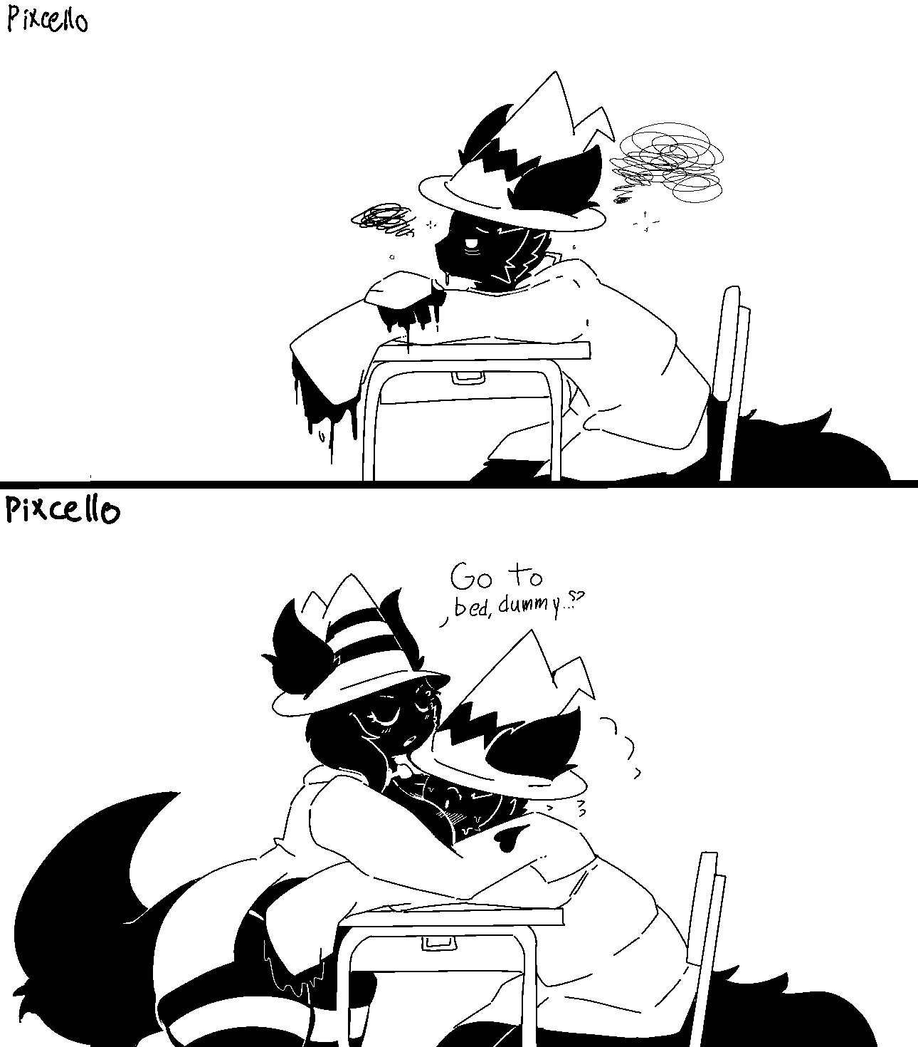 &lt;3 2021 2_panel_comic anthro artist_name big_breasts black_and_white black_body black_fur blush blush_lines breasts canid canine clothed clothing coat dialogue duo english_text eyebrows eyelashes female fluffy fluffy_tail fox fur furgonomic_headwear goo_creature half-closed_eyes hat headgear headwear hi_res legwear male male/female mammal monochrome narrowed_eyes open_clothing open_coat open_topwear pixcella_(pixcello) pixcello pixcello_(character) school_desk simple_background sitting tail text thick_thighs thigh_highs tired topwear white_background white_clothing white_coat white_topwear wizard_hat