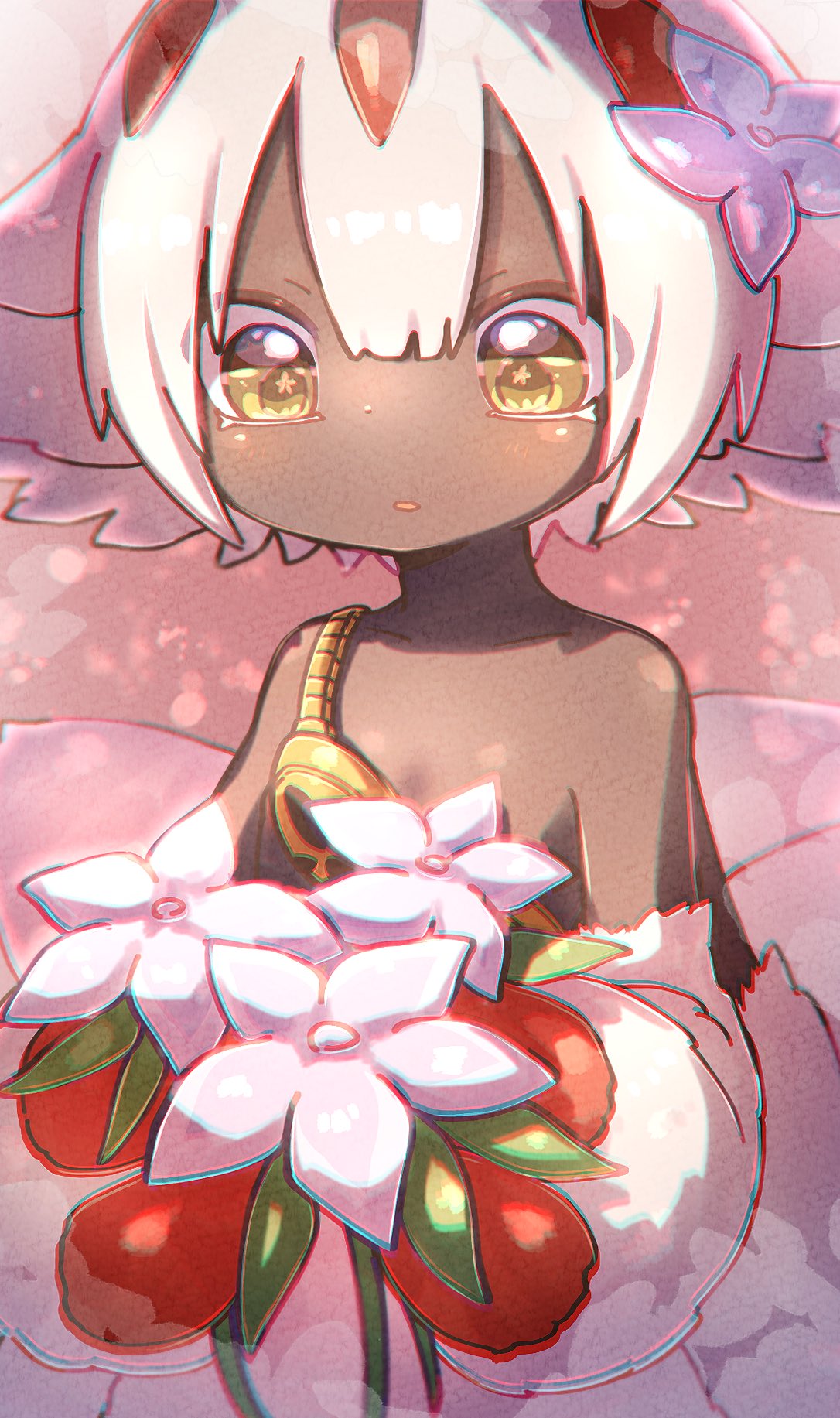 1girl animal_ears bandam bare_shoulders blush chromatic_aberration claws collarbone dark-skinned_female dark_skin dot_nose extra_arms faputa flat_chest flower goggles goggles_around_breasts hair_flower hair_ornament highres holding holding_flower looking_at_flowers looking_at_object made_in_abyss parted_lips pink_background short_hair solo upper_body white_flower white_fur yellow_eyes
