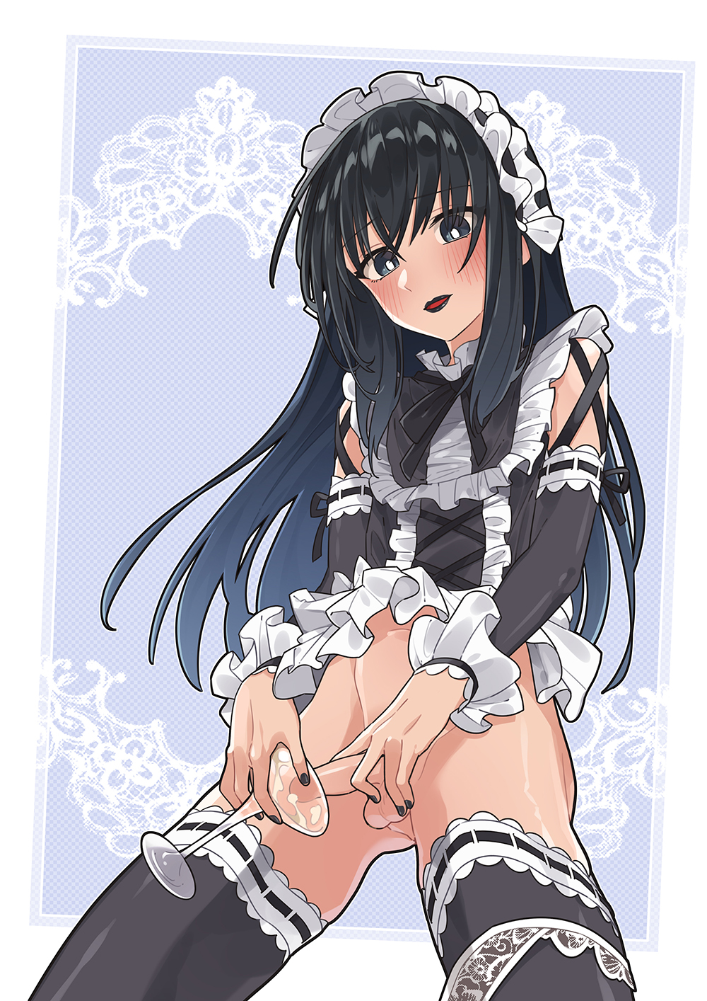 1boy black_eyes black_hair black_lips black_nails black_ribbon black_thighhighs blue_background border clothed_masturbation crossdressing cup detached_sleeves hand_on_own_penis highres holding holding_cup lipstick long_hair looking_down maid maid_headdress makeup male_focus male_masturbation masturbation meito moyashimon mubo open_mouth otoko_no_ko ribbon thighhighs white_background white_border yuuki_kei