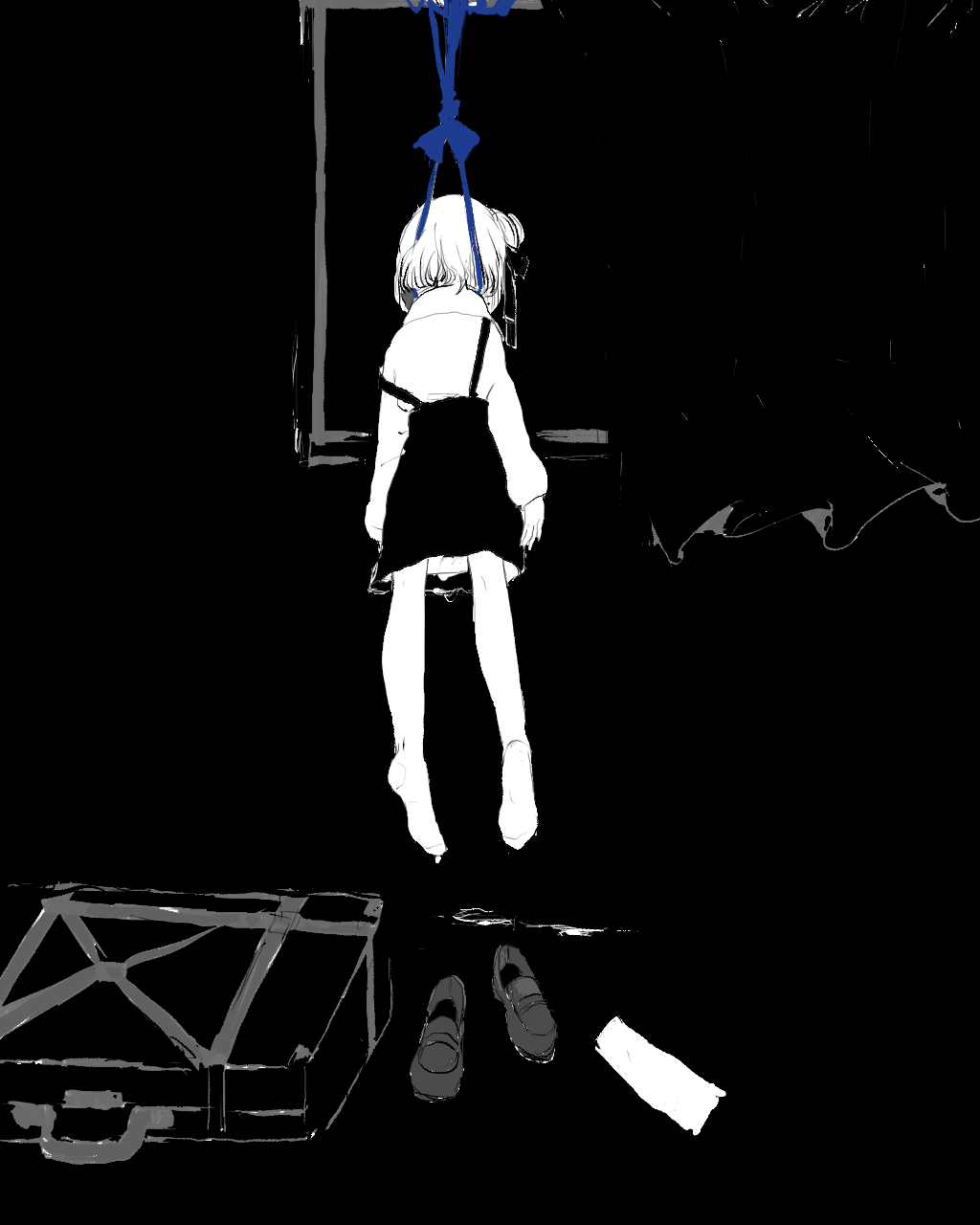 1girl arms_at_sides blue_ribbon collared_shirt commentary corpse curtains from_behind greyscale hair_ribbon hanged hatoba_tsugu high_contrast highres indoors long_sleeves monochrome pantyhose ribbon rokka_seira shirt shirt_tucked_in shoes shoes_removed short_hair skirt solo spot_color suicide suicide_note suitcase suspender_skirt suspenders suspenders_slip tsugu_(vtuber) virtual_youtuber window