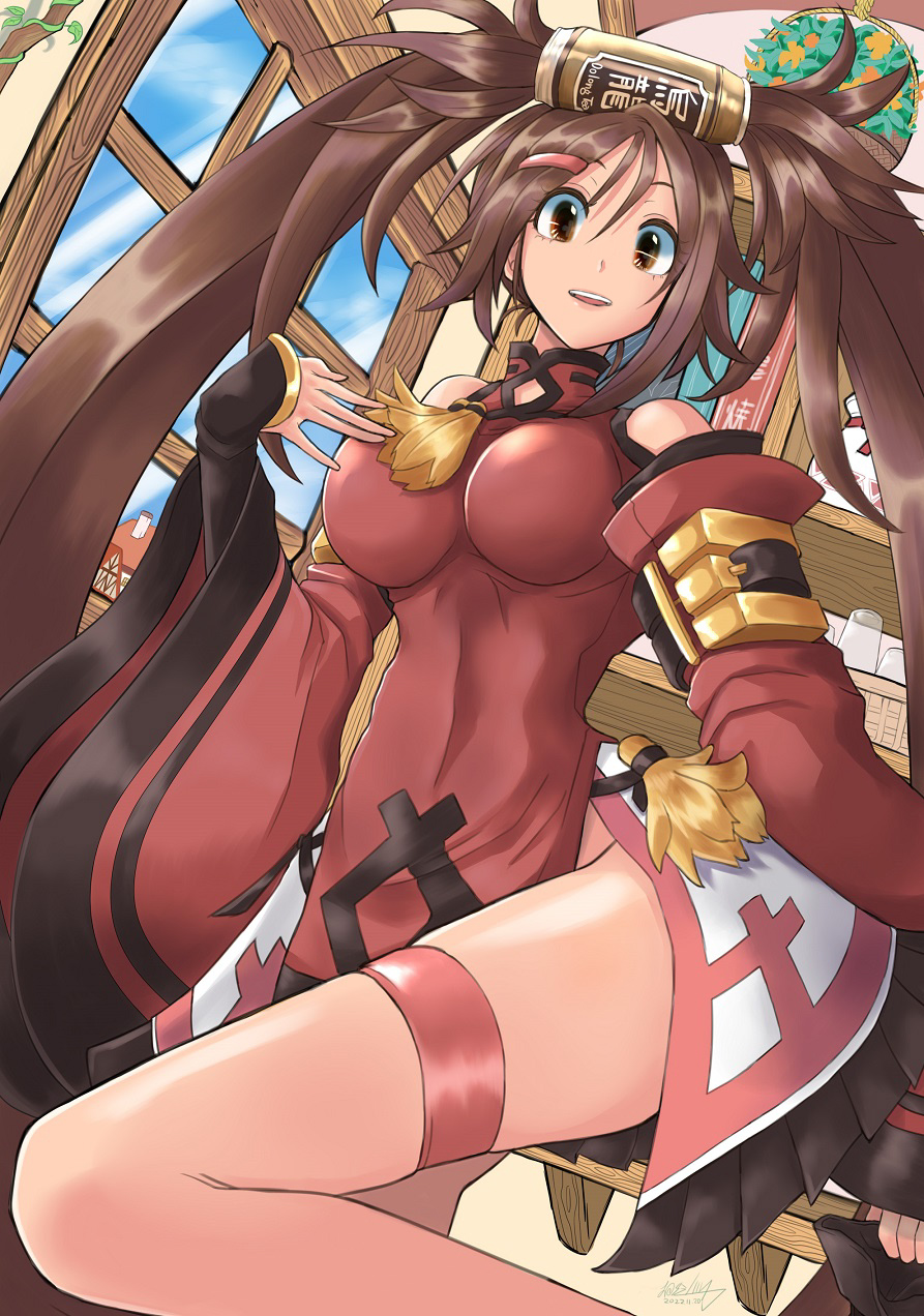 1girl bare_shoulders breasts brown_eyes brown_hair china_dress chinese_clothes detached_sleeves dress guilty_gear guilty_gear_xrd hair_ornament hairclip highres indoors kuradoberi_jam large_breasts leg_up long_hair looking_at_viewer mariebell open_mouth skin_tight skindentation skirt solo standing standing_on_one_leg thigh_strap thighs wide_sleeves window