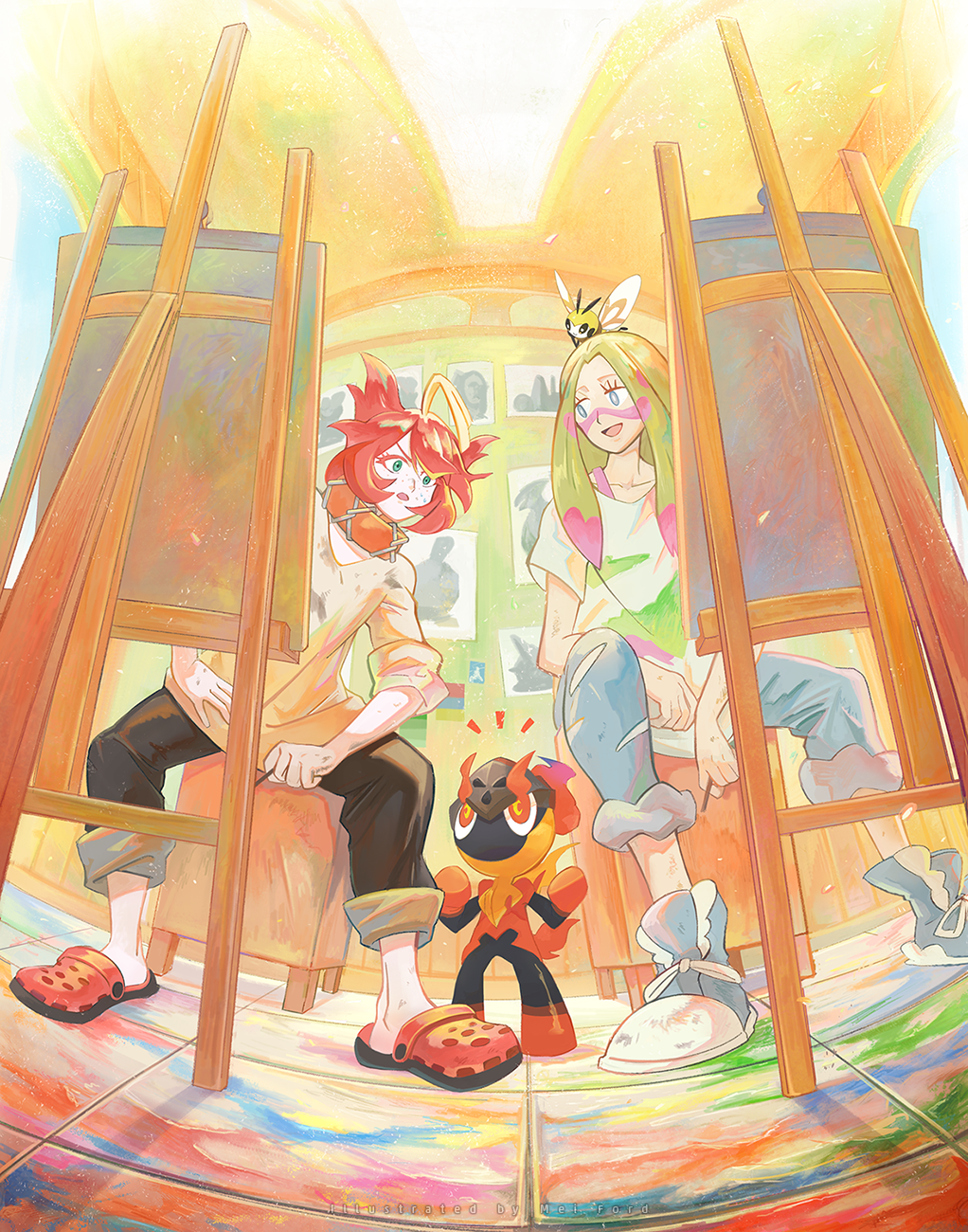 2girls :d blonde_hair canvas_(object) ceiling charcadet collar colored_eyelashes commentary_request eyelashes facepaint freckles from_below green_eyes highres holding indoors mei_ford mela_(pokemon) mina_(pokemon) multicolored_hair multiple_girls on_head open_mouth orange_collar painting_(object) pants pink_hair pokemon pokemon_(creature) pokemon_(game) pokemon_on_head pokemon_sm pokemon_sv red_hair ribombee shirt short_sleeves smile tile_floor tiles two-tone_hair