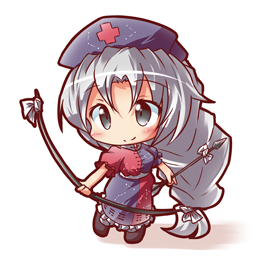 1girl arrow_(projectile) blue_dress bow braid chibi collared_dress commentary_request constellation_print cross dress grey_eyes grey_hair long_hair lowres petticoat red_cross red_dress ryogo single_braid smile solo touhou trigram two-tone_dress white_hair yagokoro_eirin