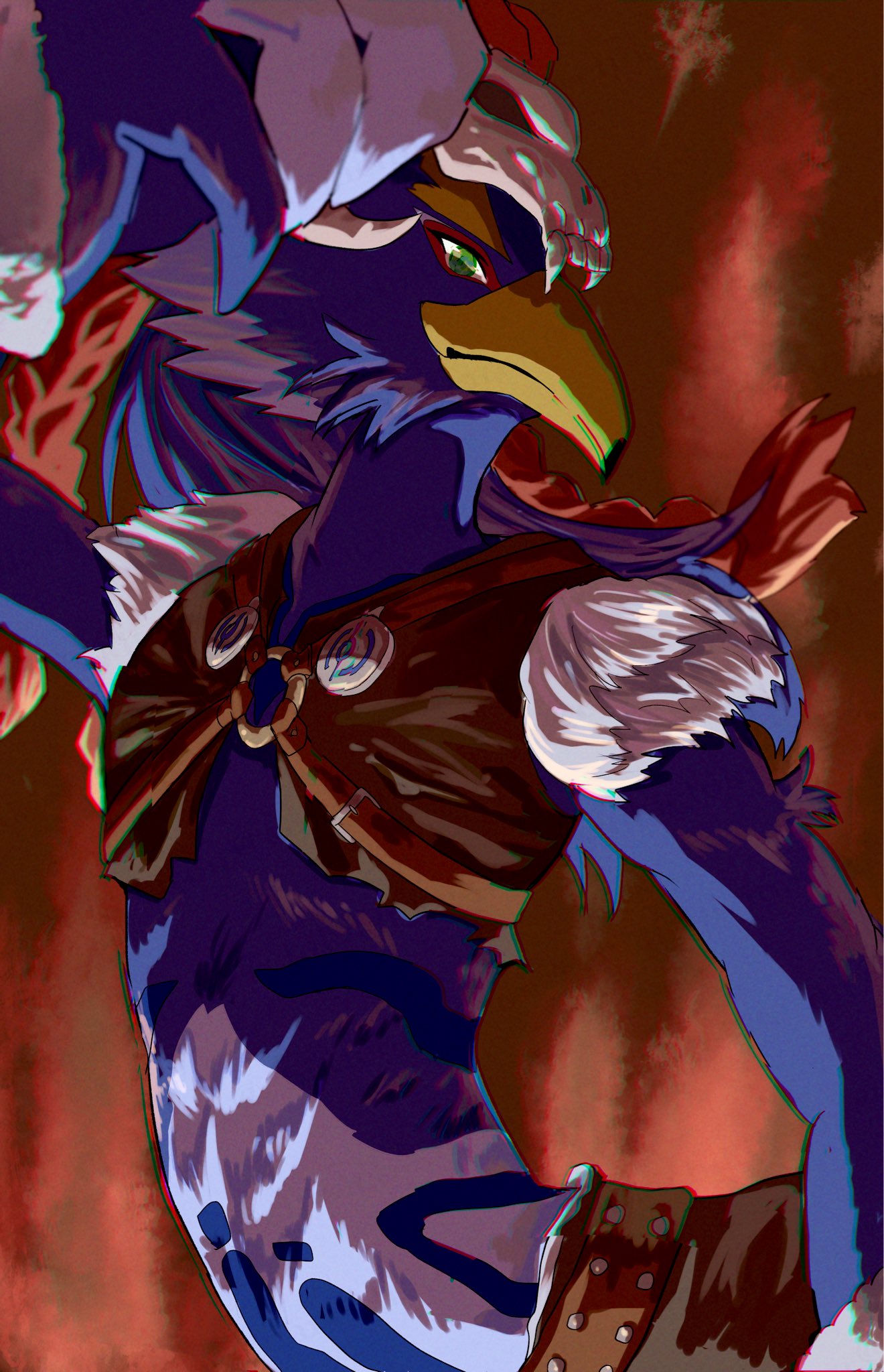 anthro avian beak blue_body blue_feathers braided_hair breath_of_the_wild chikichikitaron clothing crop_top eyebrows feathers green_eyes hair hi_res male mask midriff nintendo revali rito shirt small_waist solo the_legend_of_zelda thick_eyebrows topwear wings