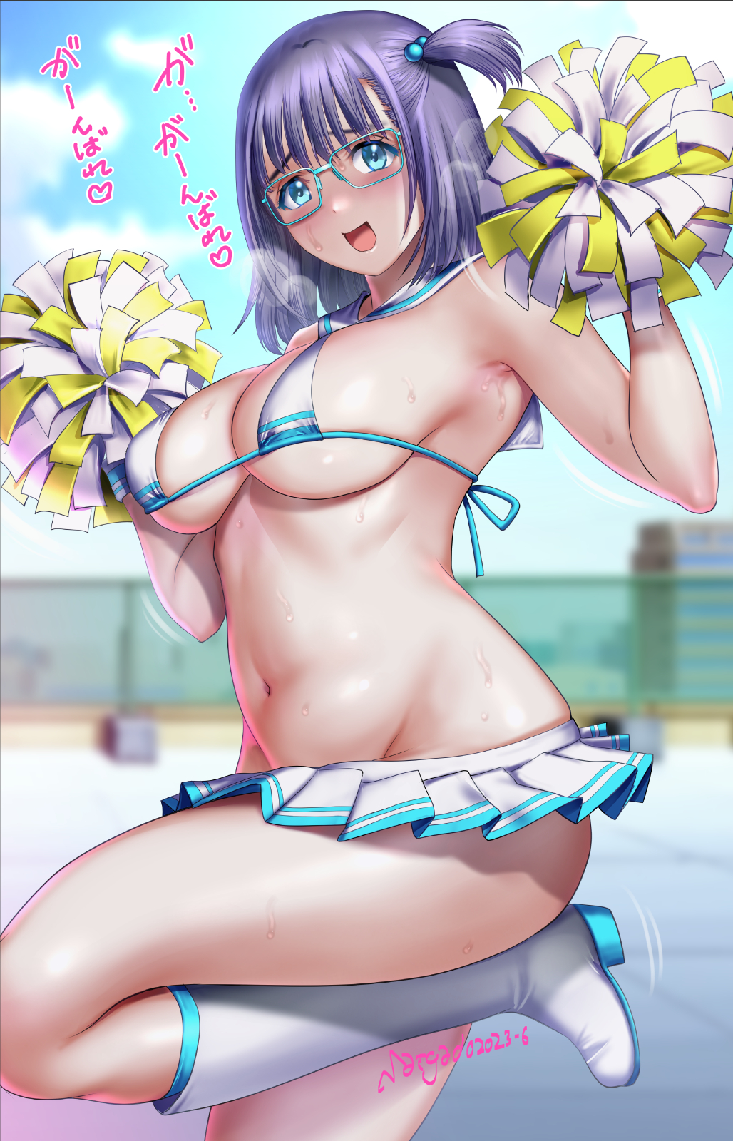 1girl aqua_eyes blush boots breasts cheerleader fence groin hair_bobbles hair_ornament heavy_breathing highres large_breasts light_purple_hair looking_at_viewer medium_hair micro_bra microskirt navel open_mouth original pom_pom_(cheerleading) saigado side_ponytail skirt smile solo standing standing_on_one_leg sweat translation_request twitter_username